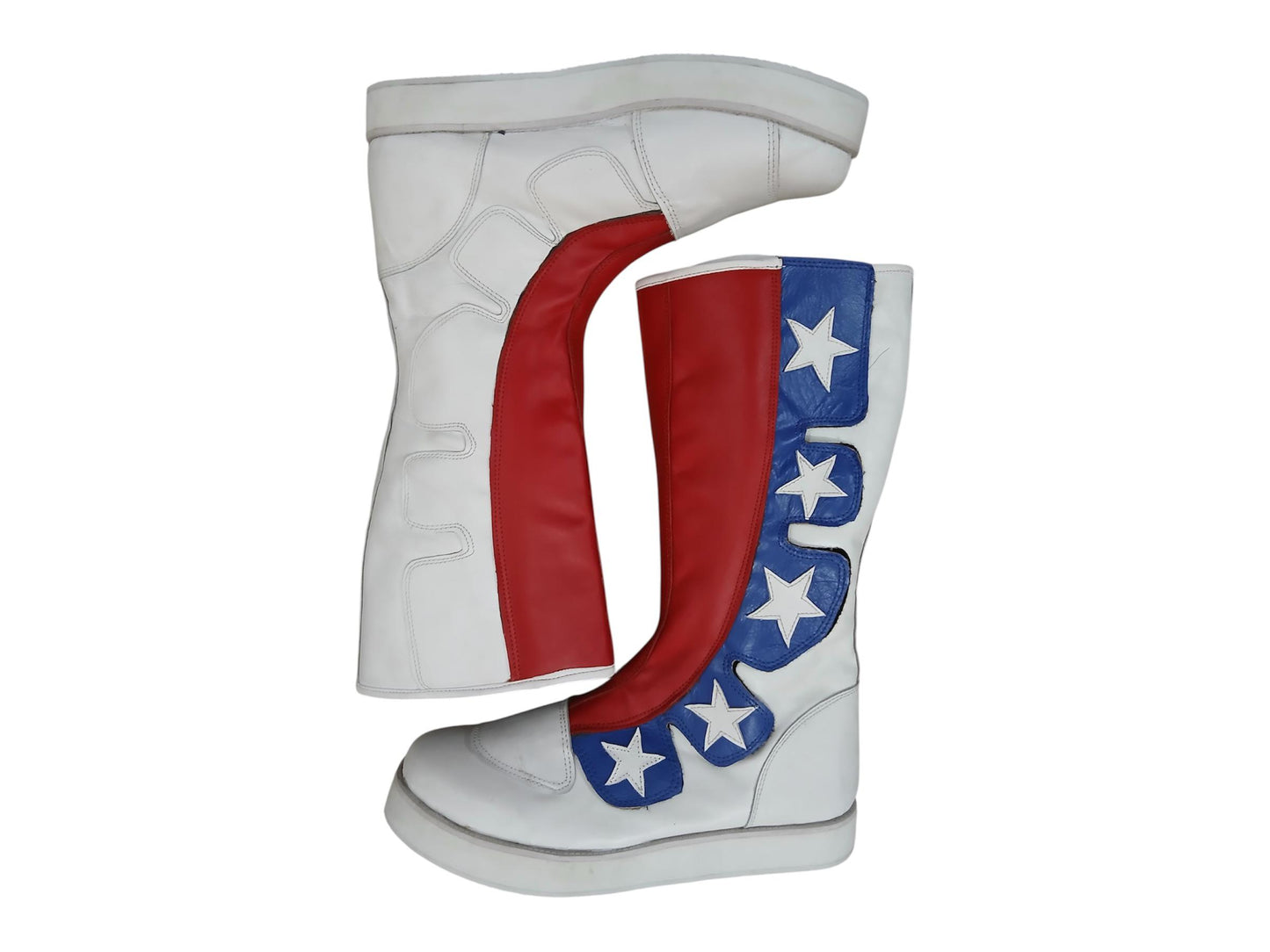 Pro Wrestling Boots, Handmade, 100% Original Leather, Hook and Loop style, white, red and blue with stars   Customizable