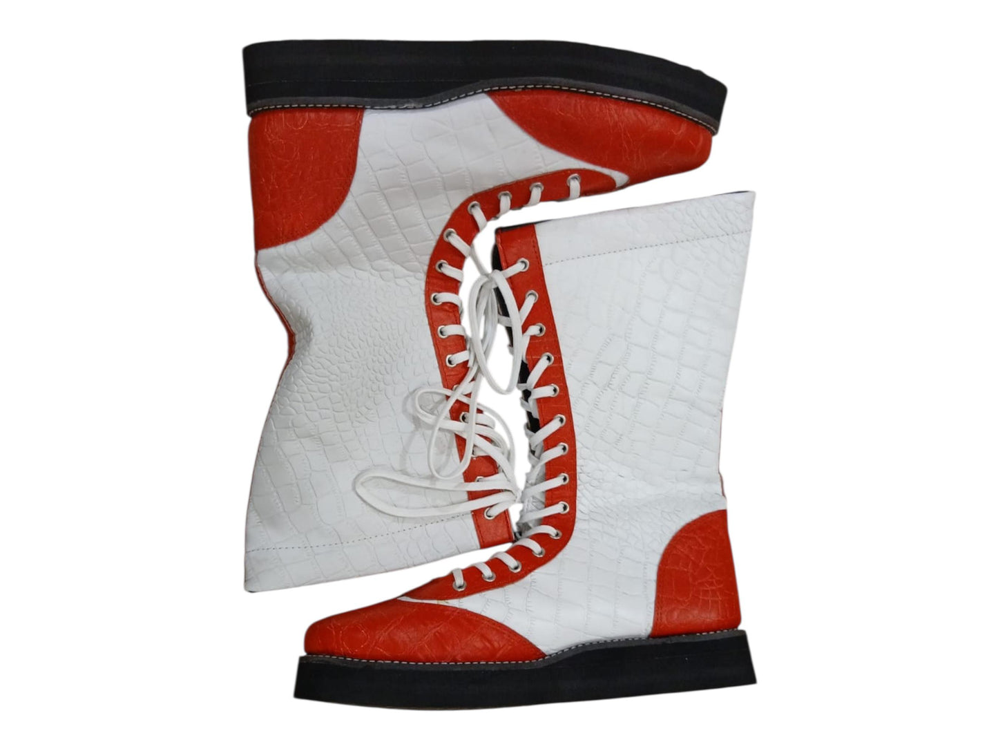 Pro Wrestling Boots, Handmade, 100% Original Leather, White & red  Crocs Pattern, Customizable