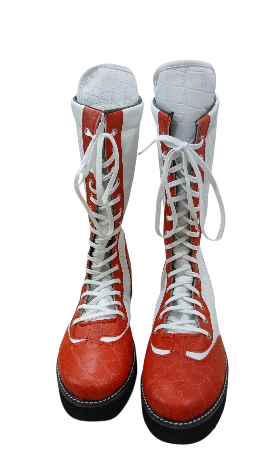 Professionele Stoeistewels, Handgemaak, 100% Oorspronklike Leer, Wit & Rooi Crocs-patroon, Aanpasbaar