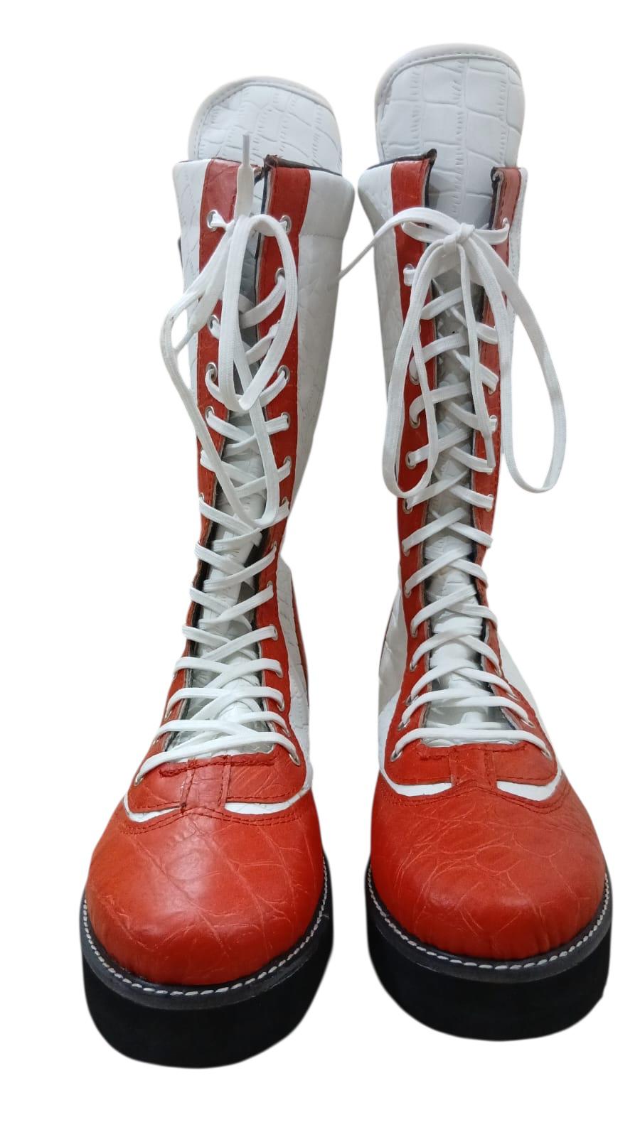 Pro Wrestling Boots, Handmade, 100% Original Leather, White & red  Crocs Pattern, Customizable