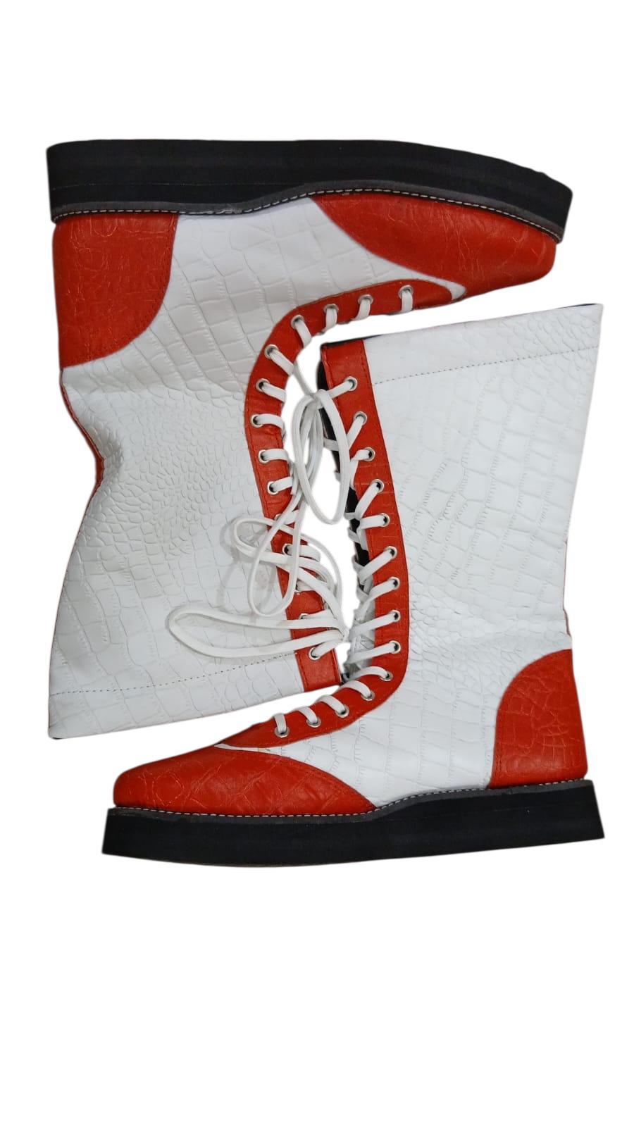 Professionele Stoeistewels, Handgemaak, 100% Oorspronklike Leer, Wit & Rooi Crocs-patroon, Aanpasbaar