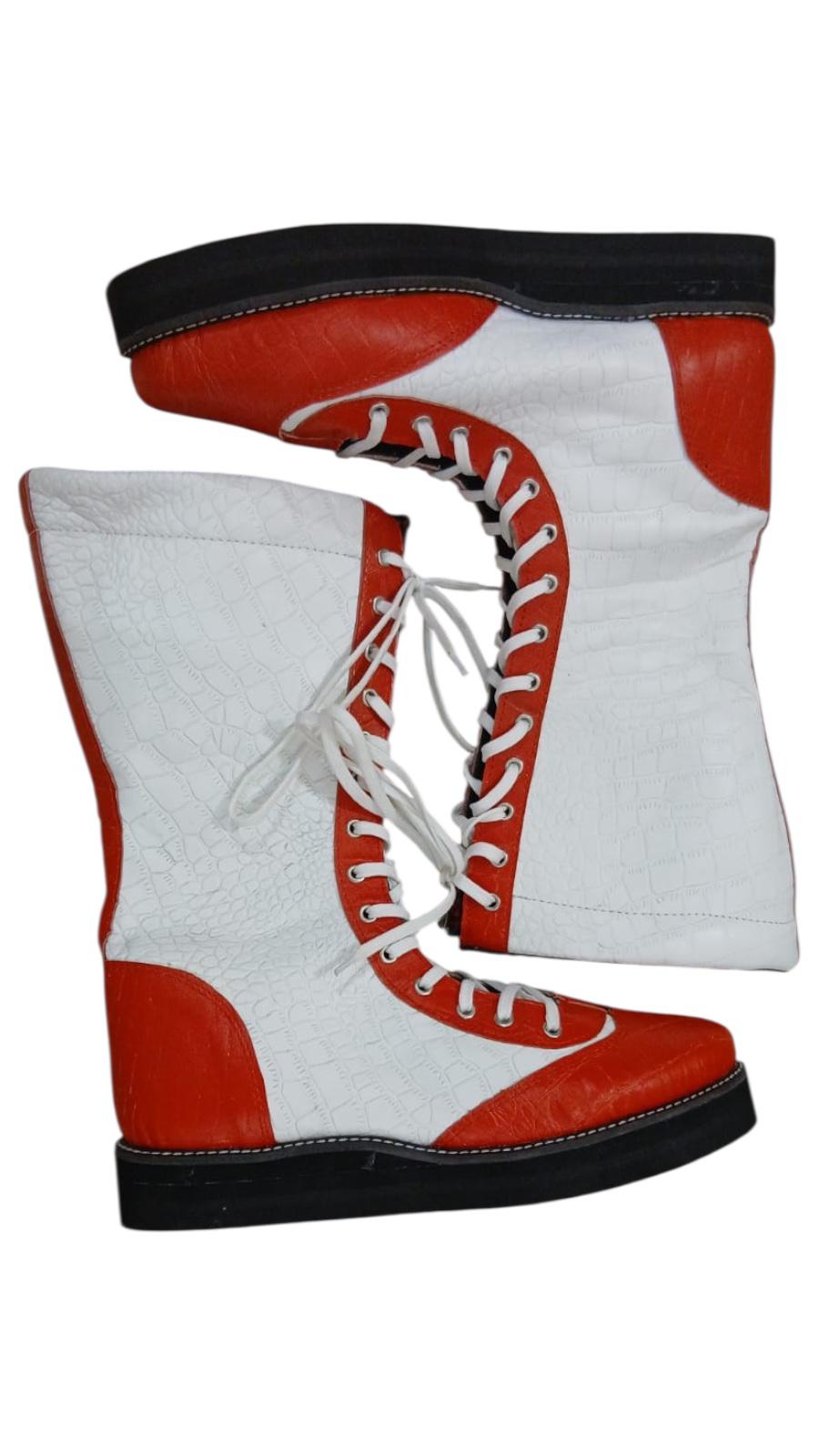 Pro Wrestling Boots, Handmade, 100% Original Leather, White & red  Crocs Pattern, Customizable
