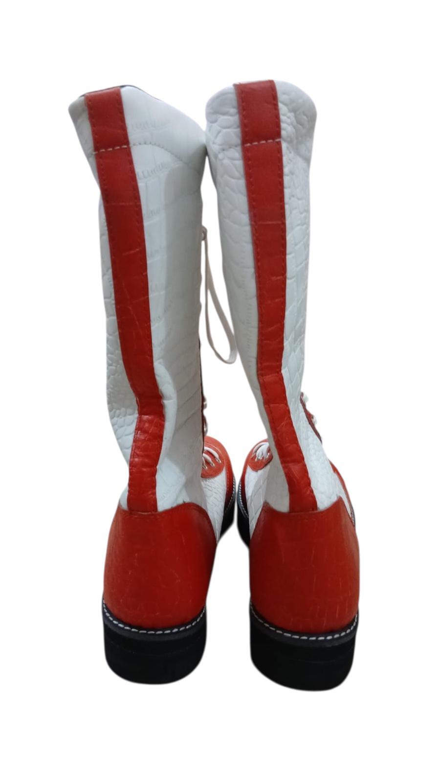 Pro Wrestling Boots, Handmade, 100% Original Leather, White & red  Crocs Pattern, Customizable