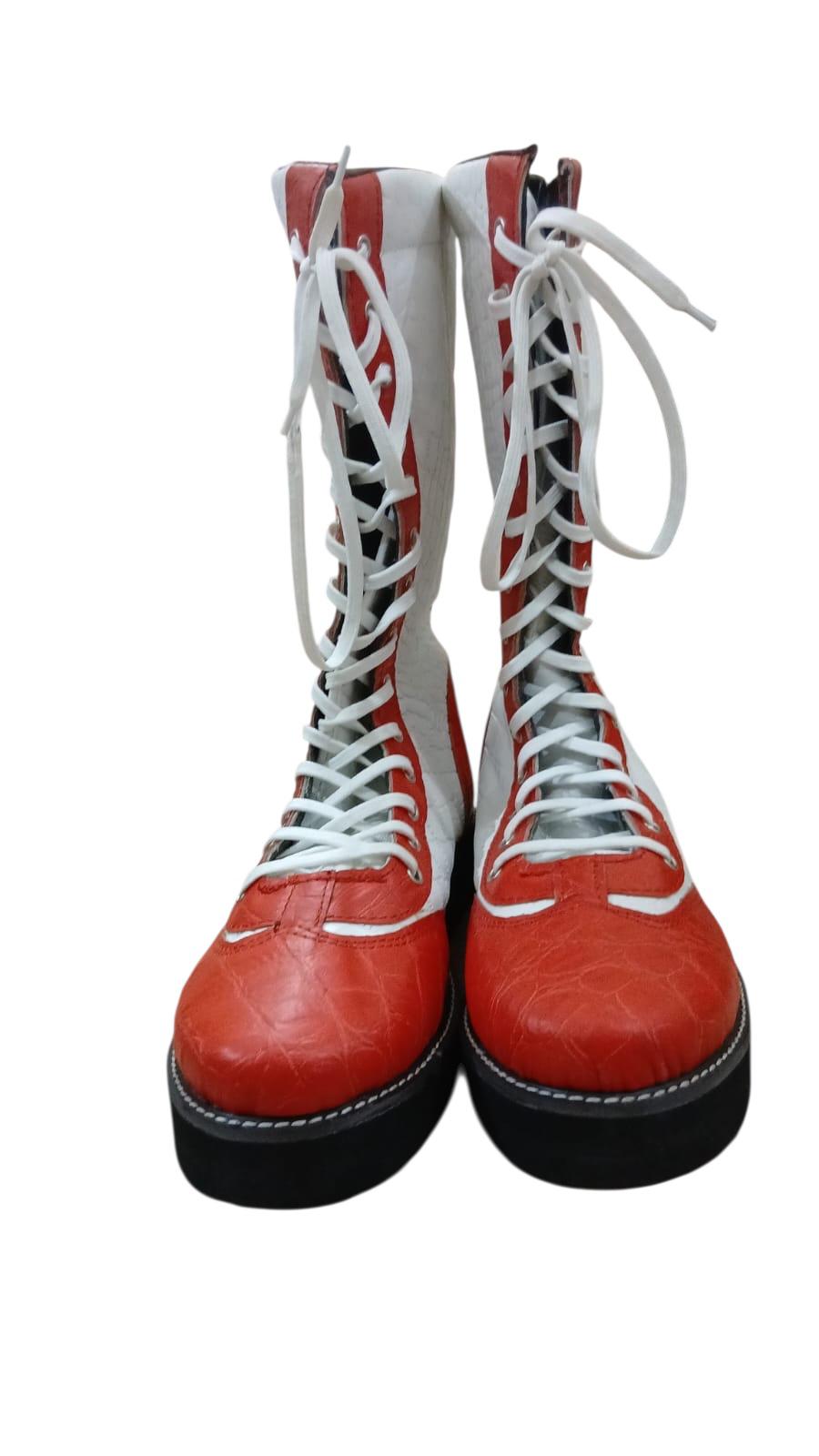 Pro Wrestling Boots, Handmade, 100% Original Leather, White & red  Crocs Pattern, Customizable