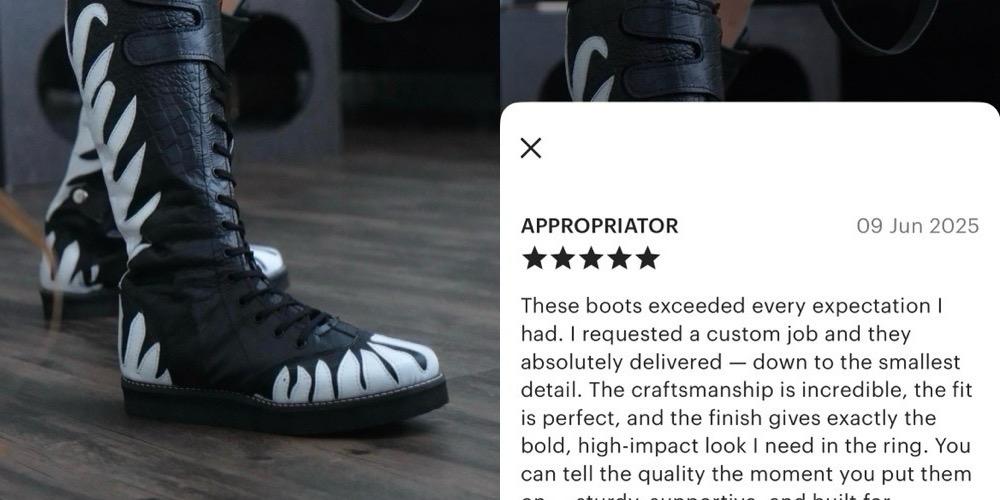 Pro Wrestling Long Boots, Handmade, 100% Original Leather, black Crocs pattern leather , white fire design, zipper with buckles