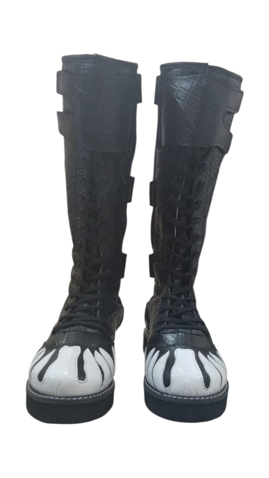Pro Wrestling Long Boots, Handmade, 100% Original Leather, black Crocs pattern leather , white fire design, zipper with buckles