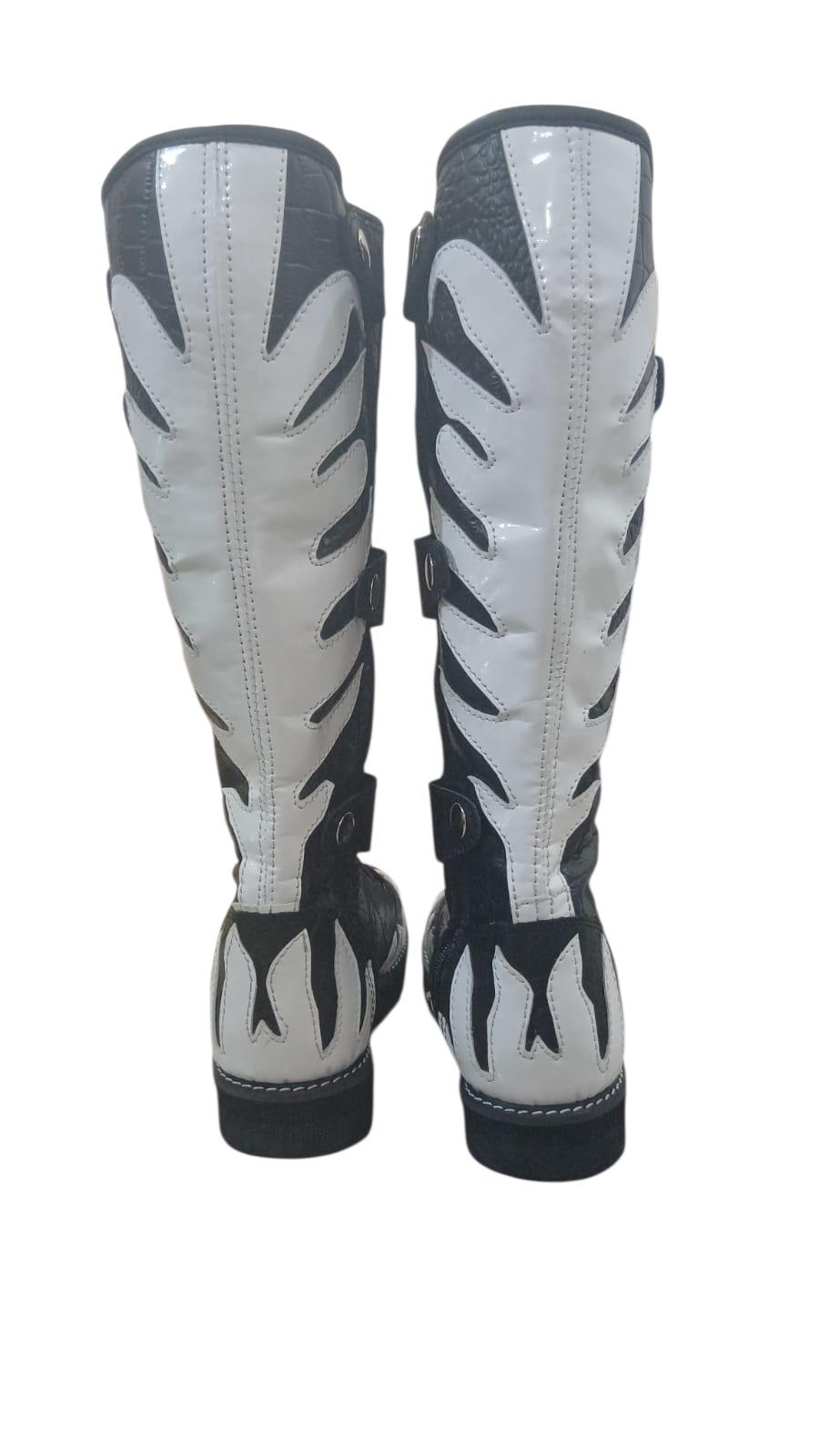 Pro Wrestling Long Boots, Handmade, 100% Original Leather, black Crocs pattern leather , white fire design, zipper with buckles