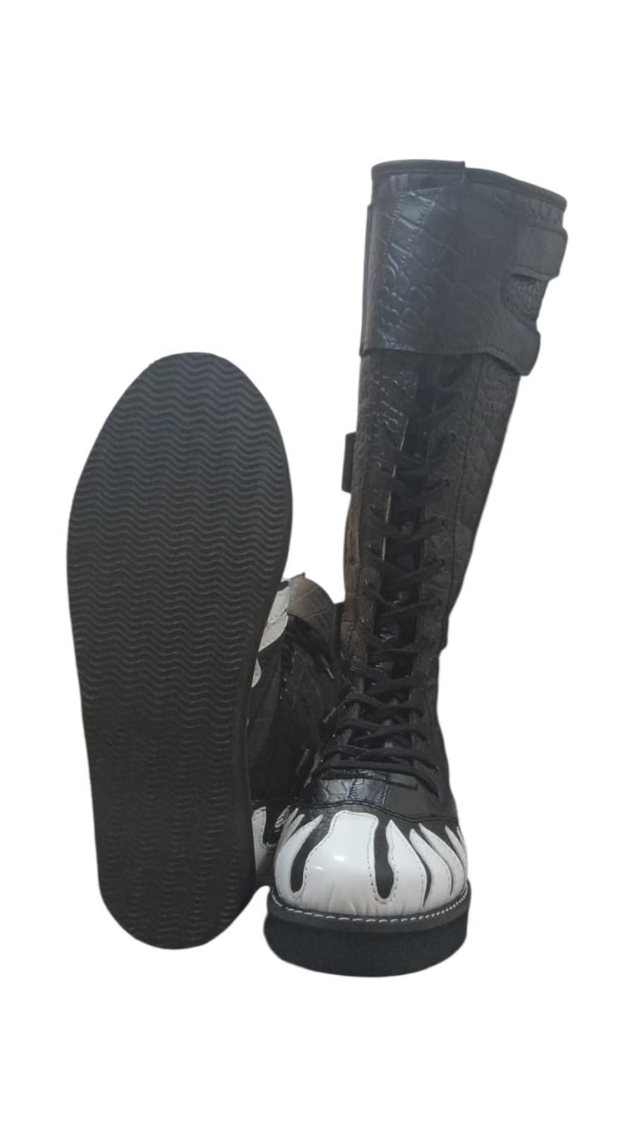Pro Wrestling Long Boots, Handmade, 100% Original Leather, black Crocs pattern leather , white fire design, zipper with buckles