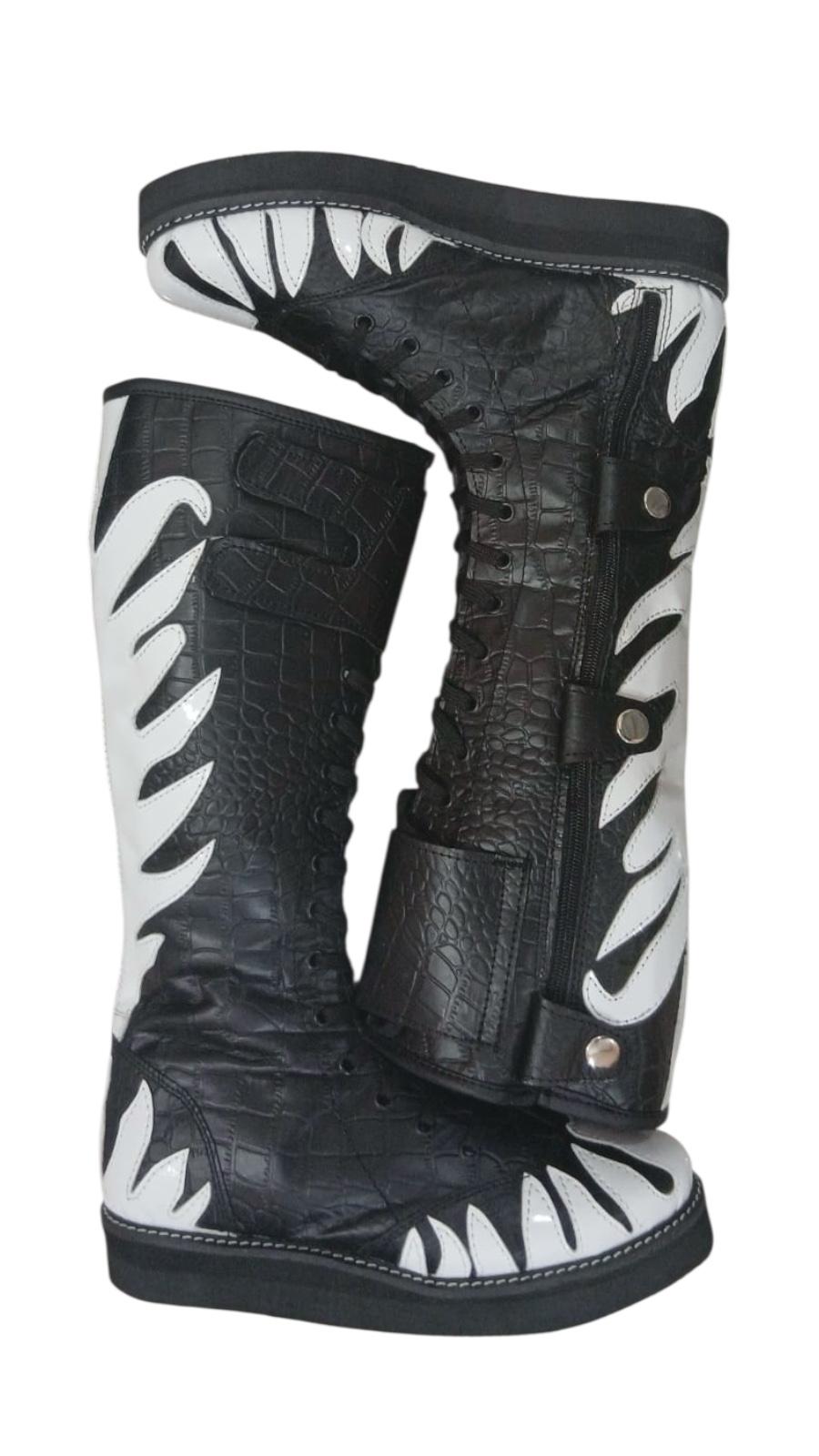 Pro Wrestling Long Boots, Handmade, 100% Original Leather, black Crocs pattern leather , white fire design, zipper with buckles