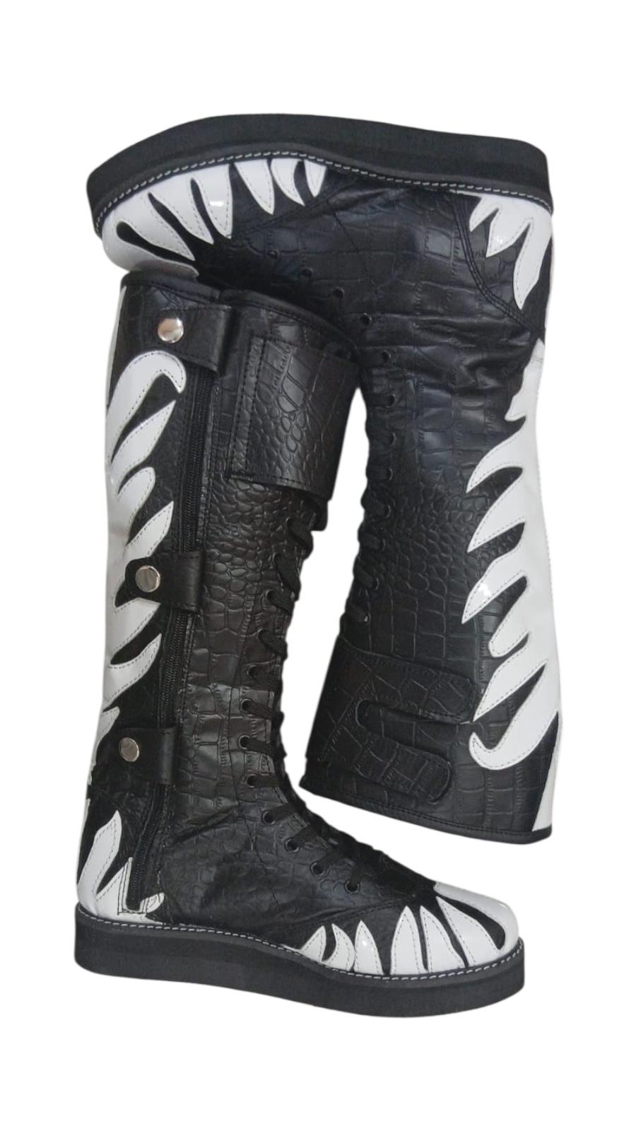 Pro Wrestling Long Boots, Handmade, 100% Original Leather, black Crocs pattern leather , white fire design, zipper with buckles
