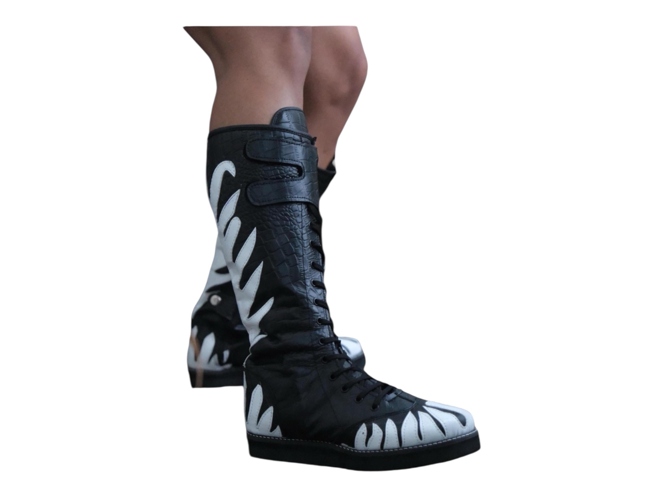 Pro Wrestling Long Boots, Handmade, 100% Original Leather, black Crocs pattern leather , white fire design, zipper with buckles