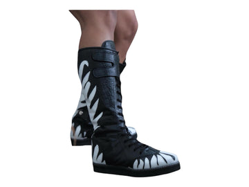 Pro Wrestling Long Boots, Handmade, 100% Original Leather, black Crocs pattern leather , white fire design, zipper with buckles