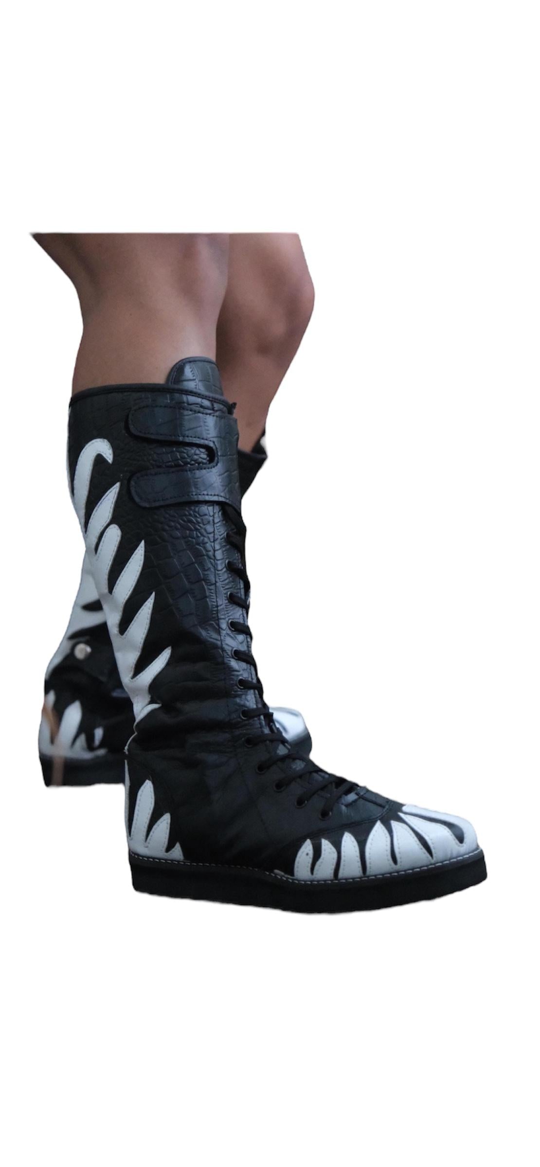 Pro Wrestling Long Boots, Handmade, 100% Original Leather, black Crocs pattern leather , white fire design, zipper with buckles