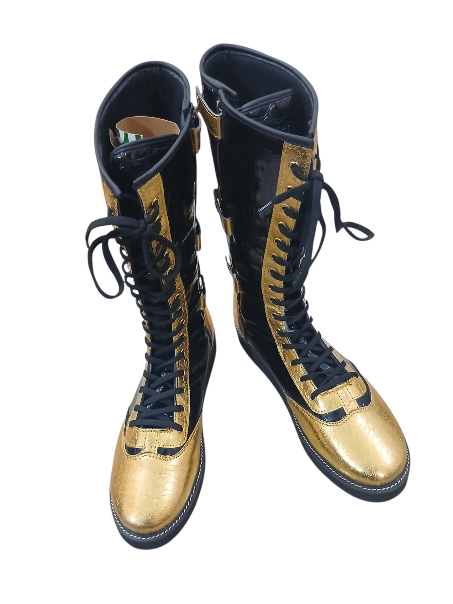 Pro Wrestling Boots, Handmade, DX Leather, Gold and black Crocs Pattern, with zipper