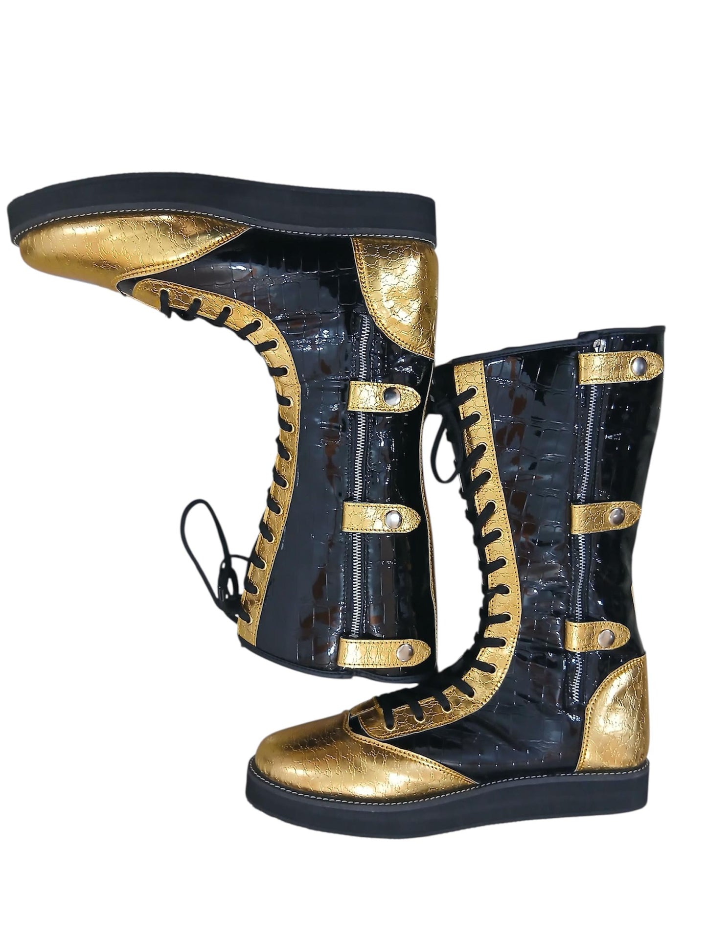 Pro Wrestling Boots, Handmade, DX Leather, Gold and black Crocs Pattern, with zipper