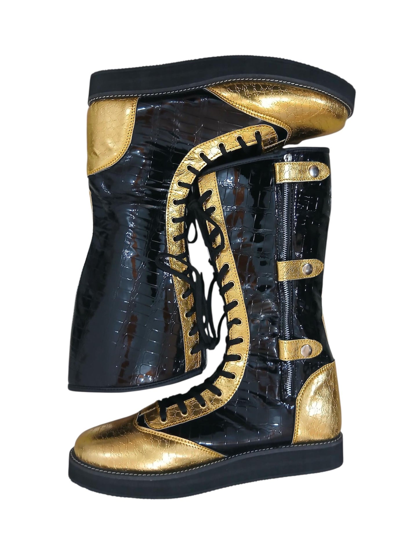 Pro Wrestling Boots, Handmade, DX Leather, Gold and black Crocs Pattern, with zipper