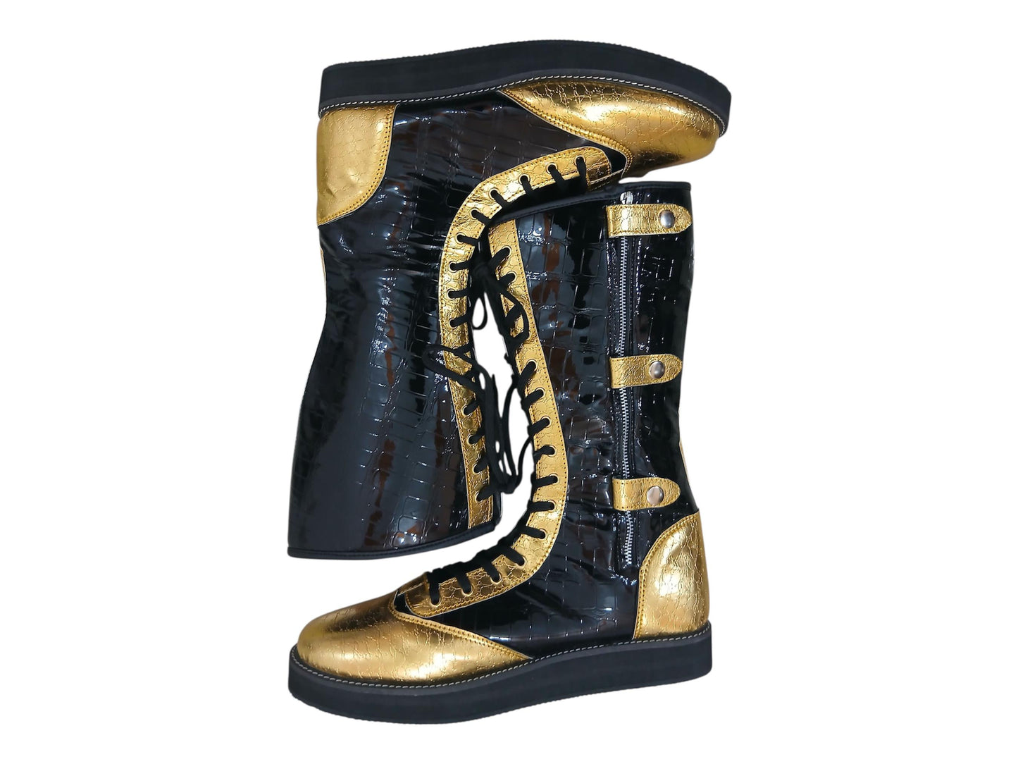 Pro Wrestling Boots, Handmade, DX Leather, Gold and black Crocs Pattern, with zipper