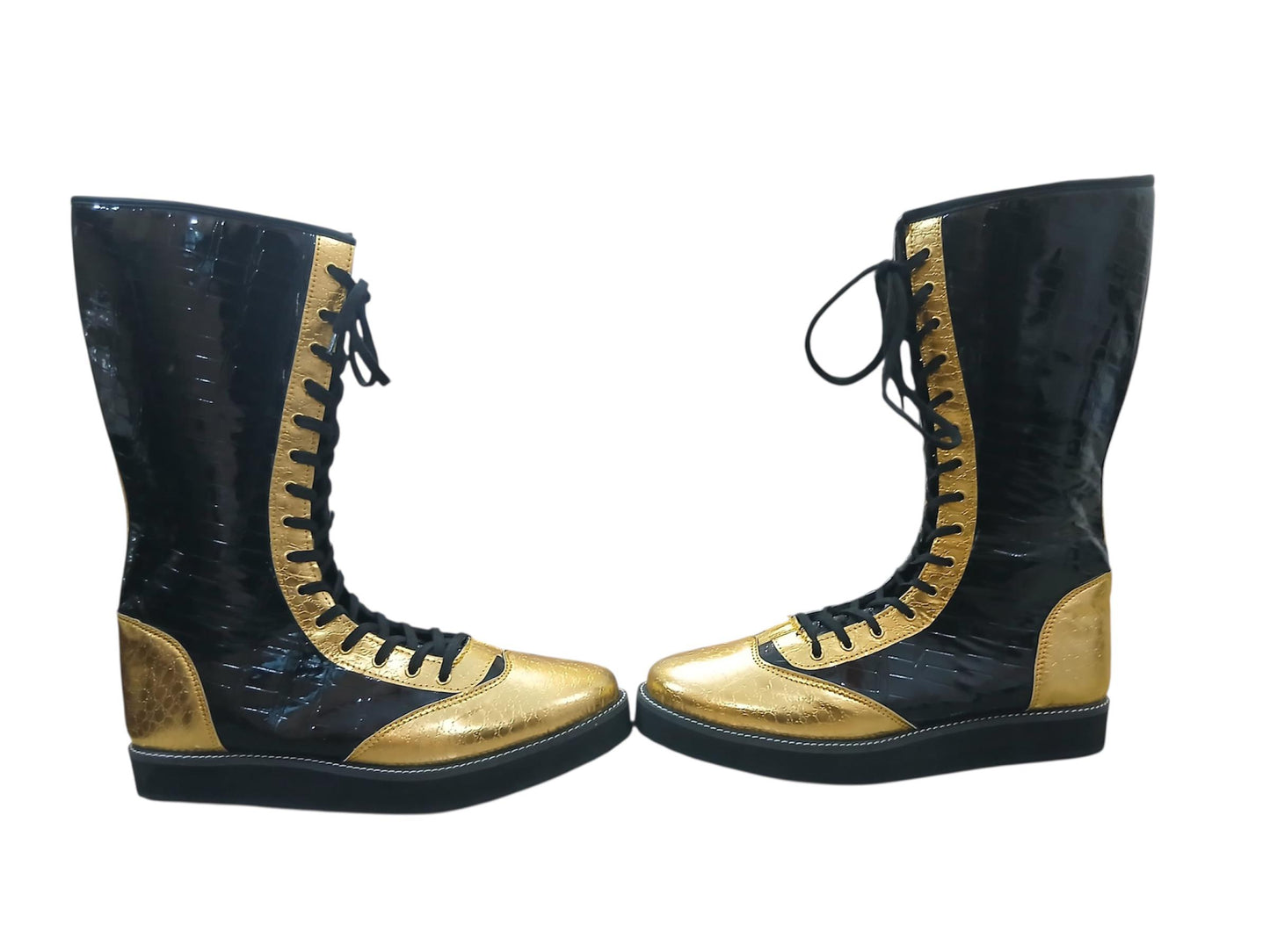 Pro Wrestling Boots, Handmade, DX Leather, Gold and black Crocs Pattern, with zipper