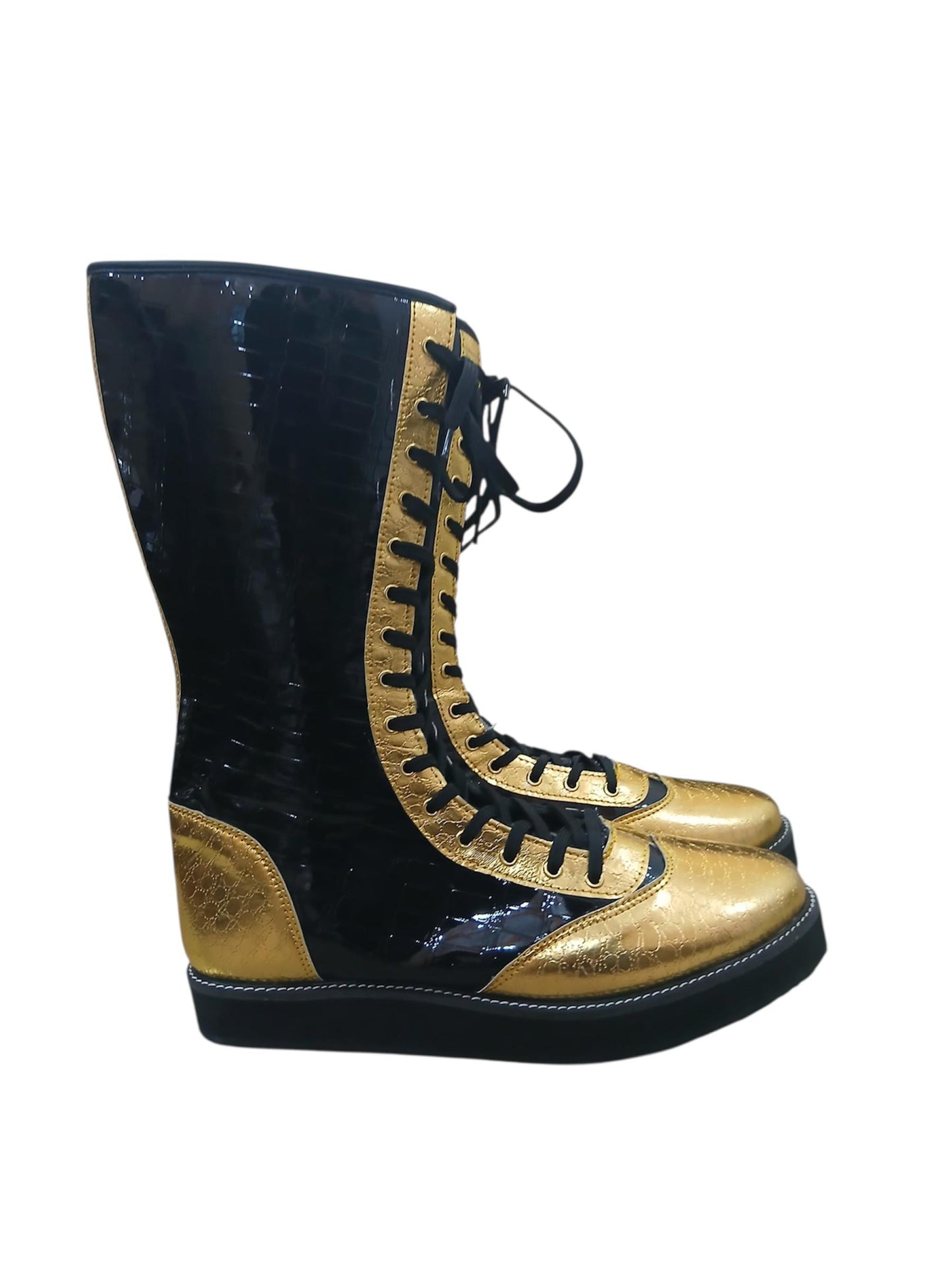 Pro Wrestling Boots, Handmade, DX Leather, Gold and black Crocs Pattern, with zipper