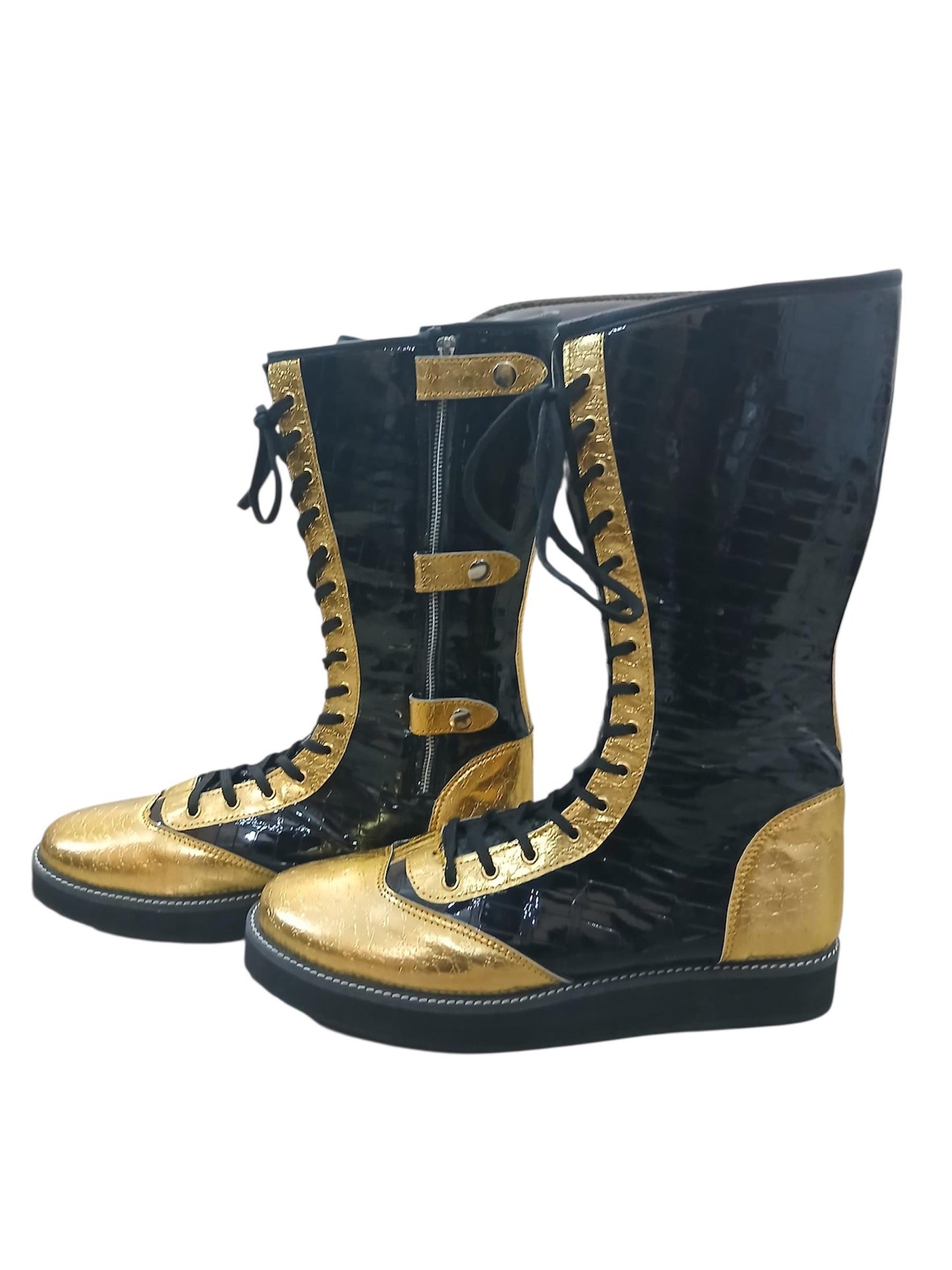 Pro Wrestling Boots, Handmade, DX Leather, Gold and black Crocs Pattern, with zipper