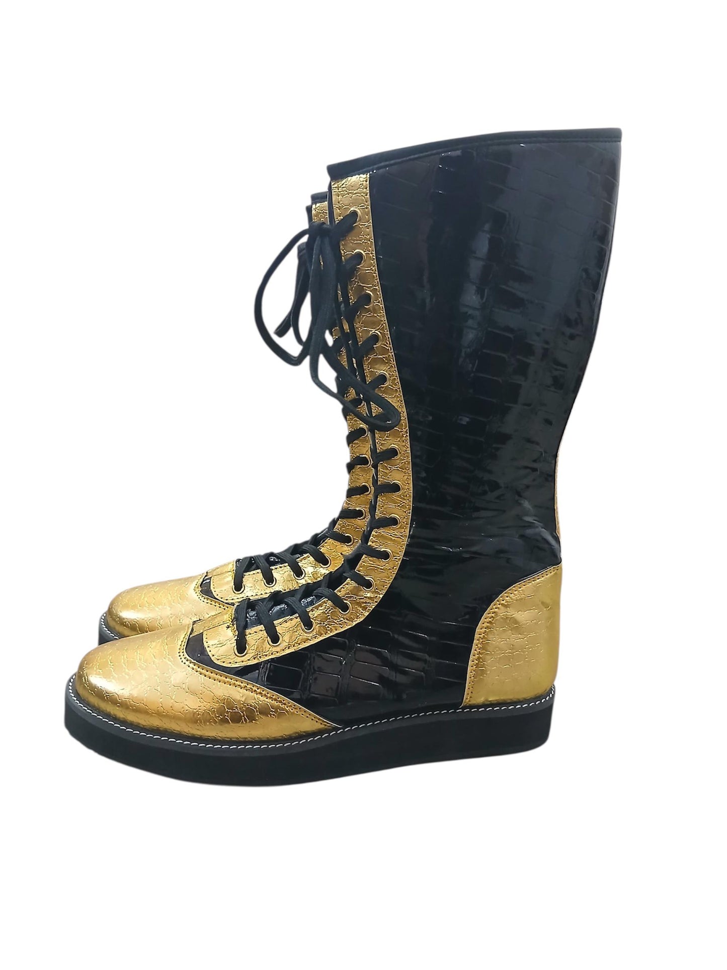 Pro Wrestling Boots, Handmade, DX Leather, Gold and black Crocs Pattern, with zipper