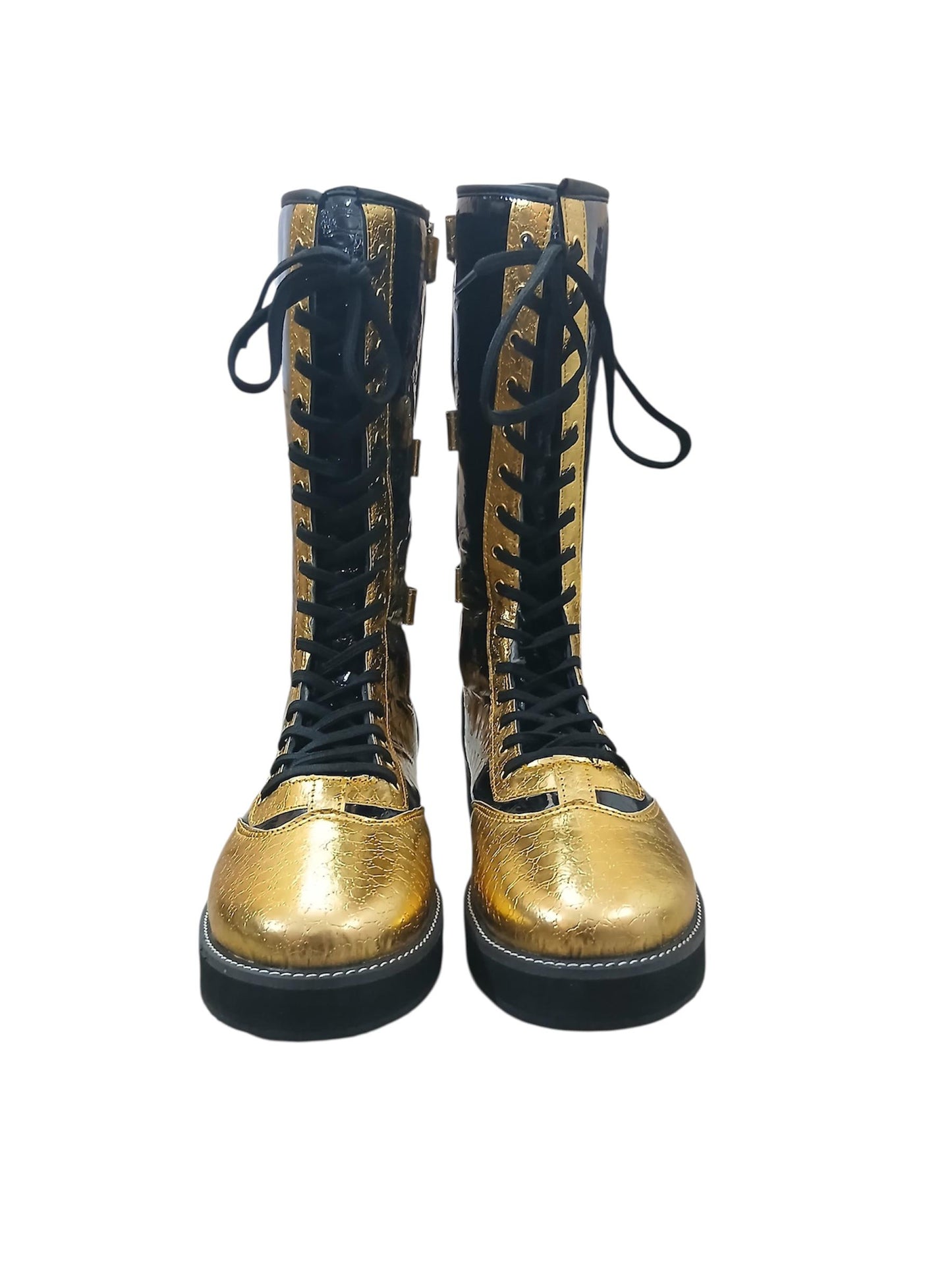 Pro Wrestling Boots, Handmade, DX Leather, Gold and black Crocs Pattern, with zipper