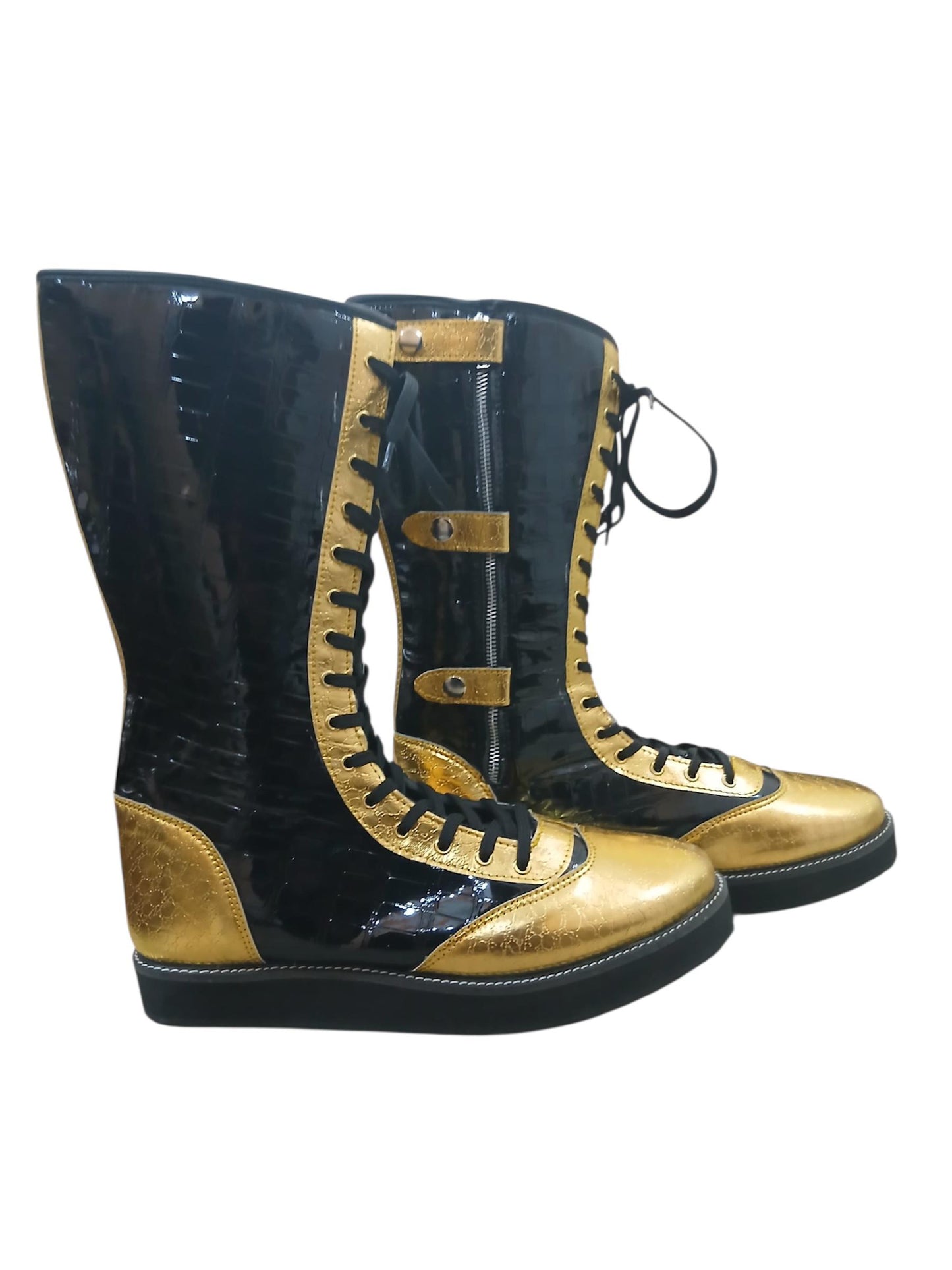 Pro Wrestling Boots, Handmade, DX Leather, Gold and black Crocs Pattern, with zipper