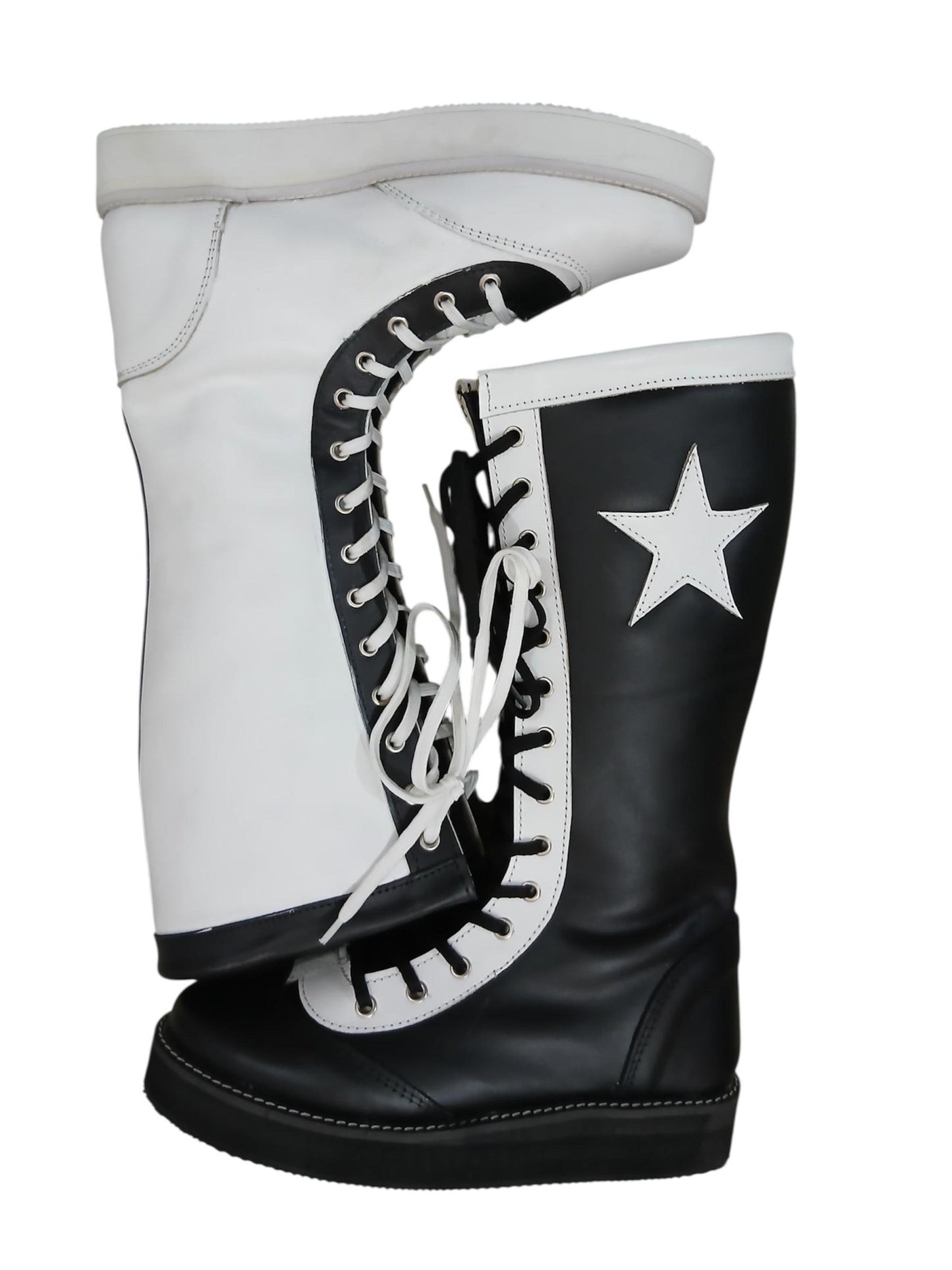 Pro Wrestling Star Boots, Handmade, 100% Original Leather - different color for each feet white & Black