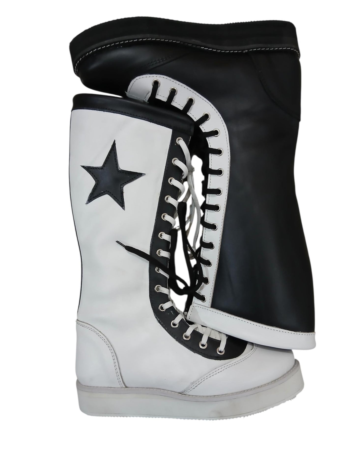 Pro Wrestling Star Boots, Handmade, 100% Original Leather - different color for each feet white & Black