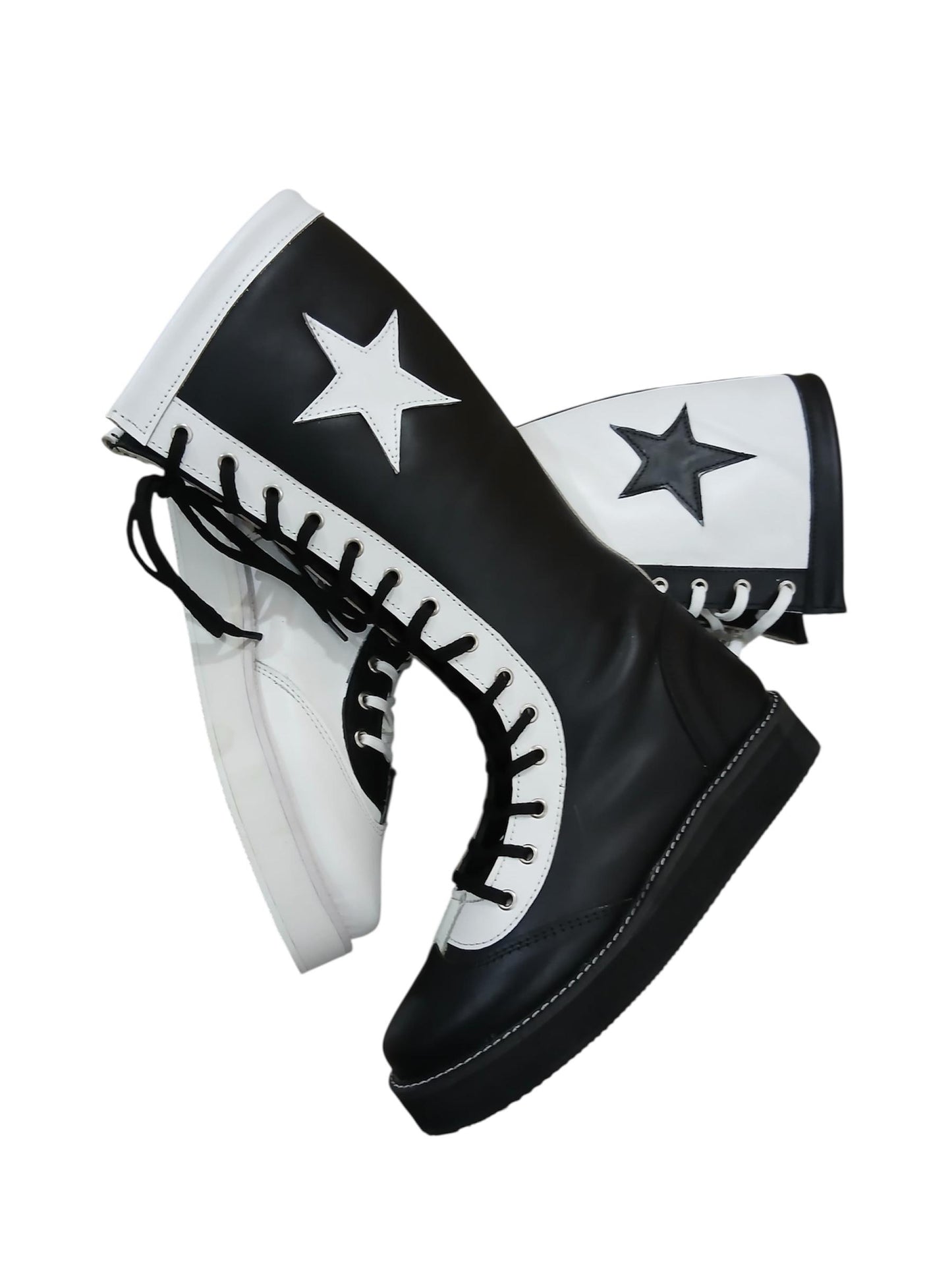 Pro Wrestling Star Boots, Handmade, 100% Original Leather - different color for each feet white & Black