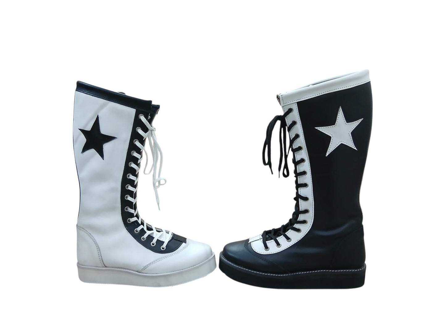 Pro Wrestling Star Boots, Handmade, 100% Original Leather - different color for each feet white & Black