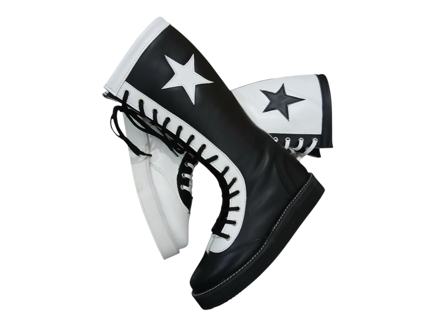 Pro Wrestling Star Boots, Handmade, 100% Original Leather - different color for each feet white & Black