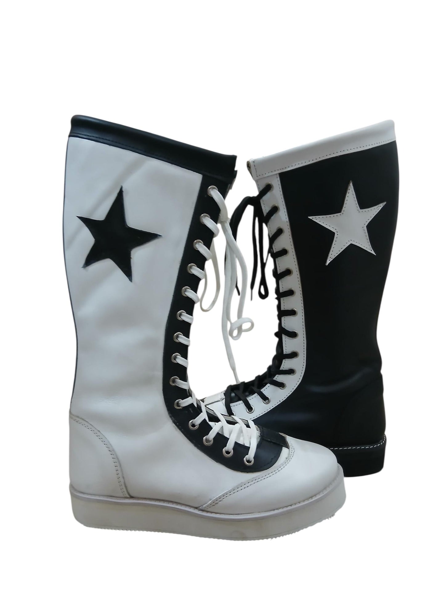 Pro Wrestling Star Boots, Handmade, 100% Original Leather - different color for each feet white & Black