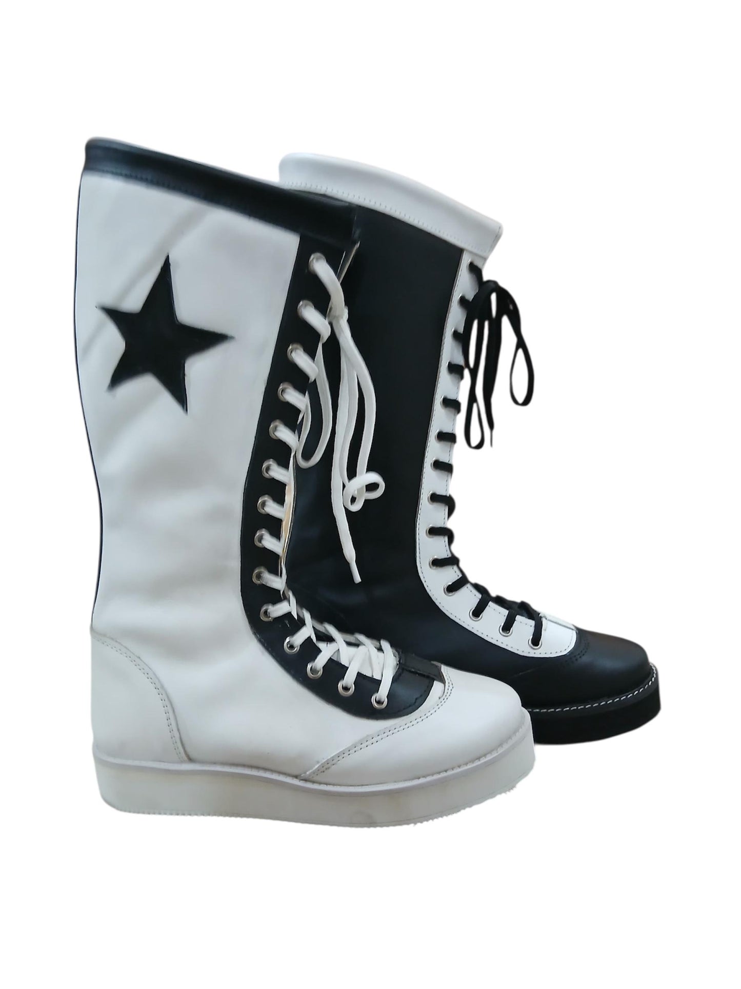 Pro Wrestling Star Boots, Handmade, 100% Original Leather - different color for each feet white & Black