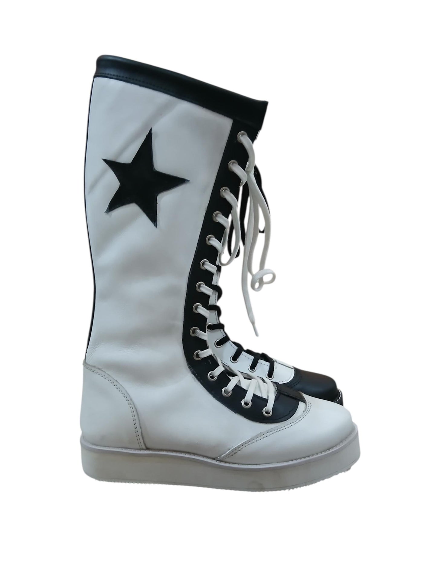 Pro Wrestling Star Boots, Handmade, 100% Original Leather - different color for each feet white & Black