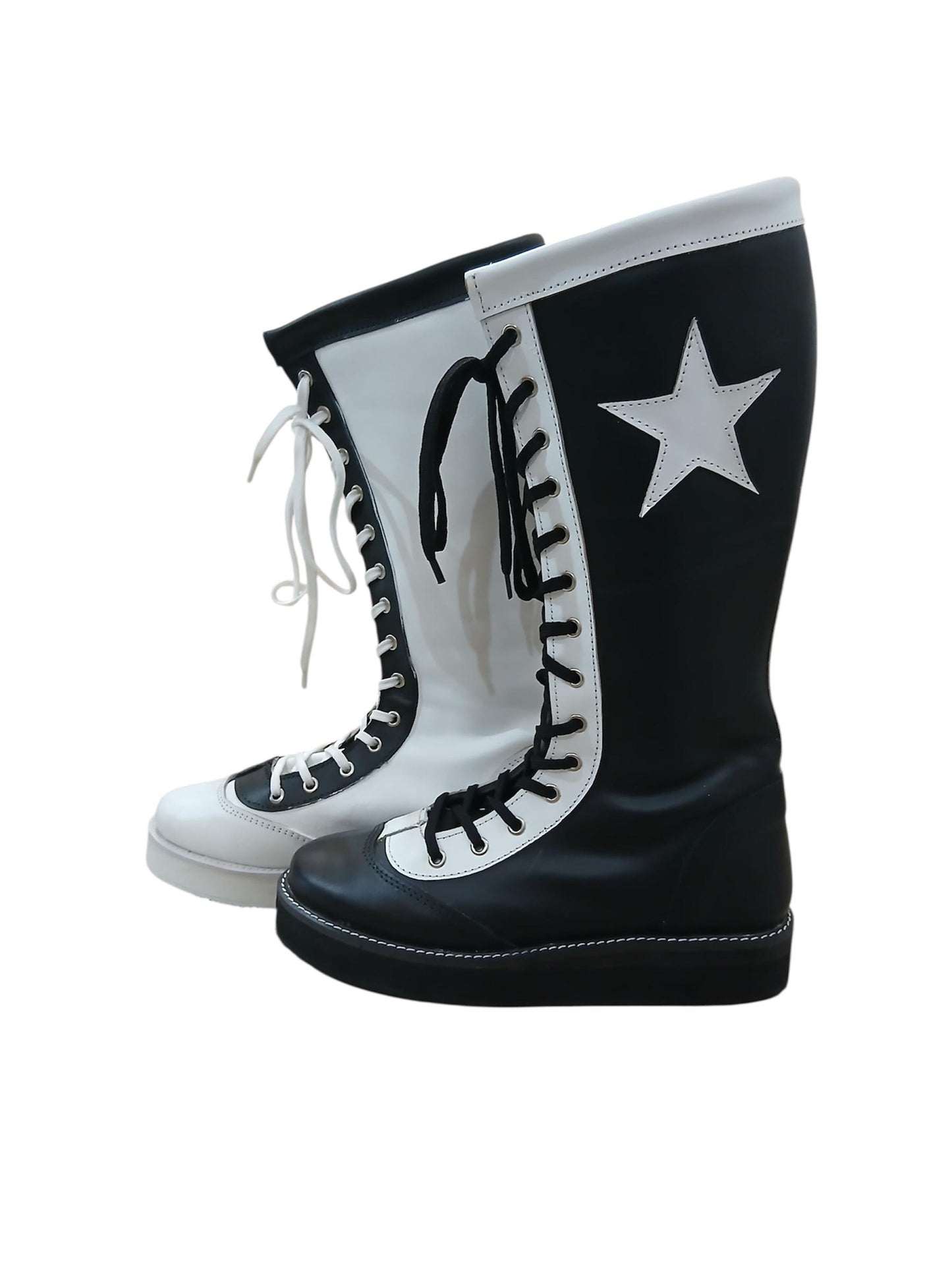 Pro Wrestling Star Boots, Handmade, 100% Original Leather - different color for each feet white & Black