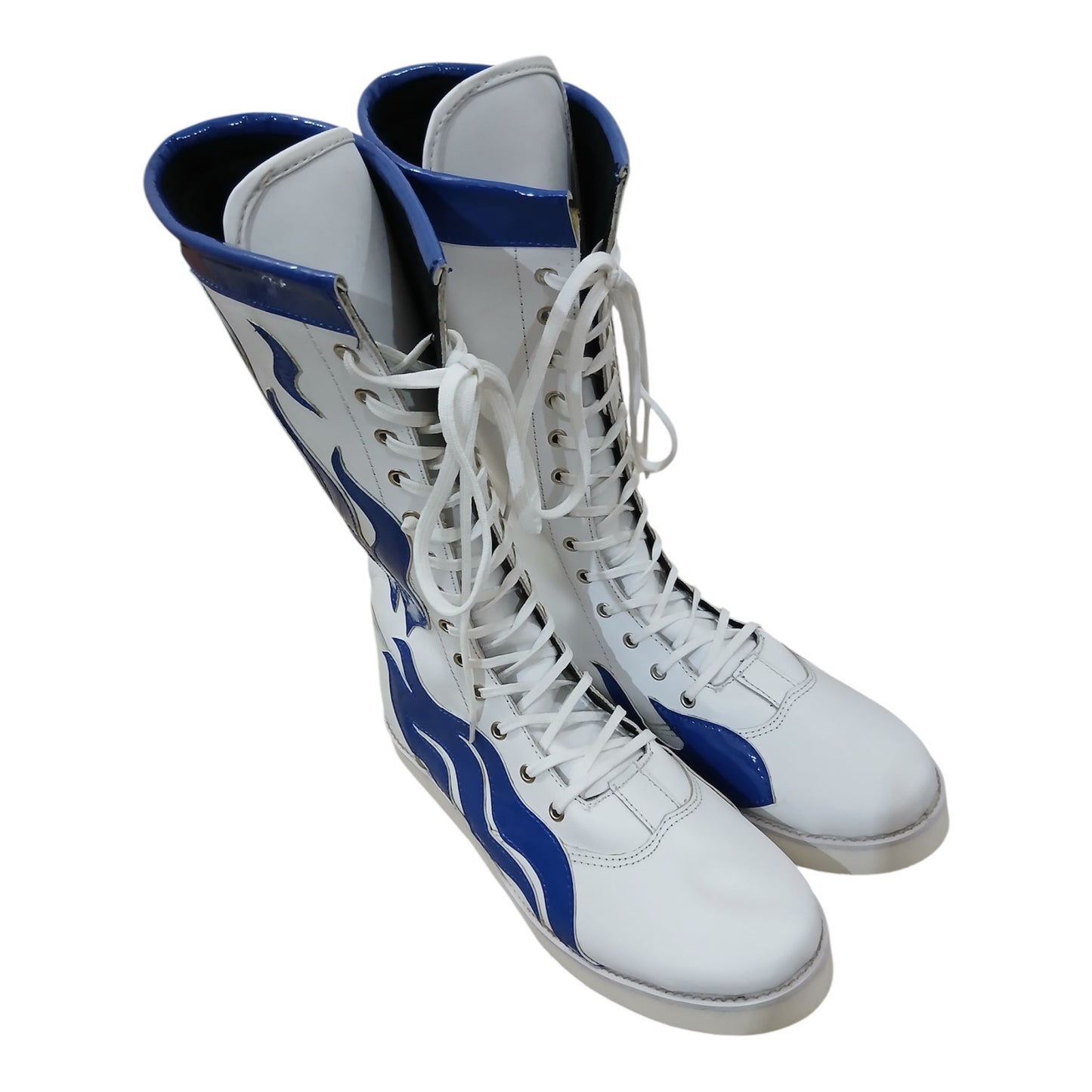 Pro Wrestling Boots, Handmade, 100% Pure Leather, Blue Fire Flames, Customizable