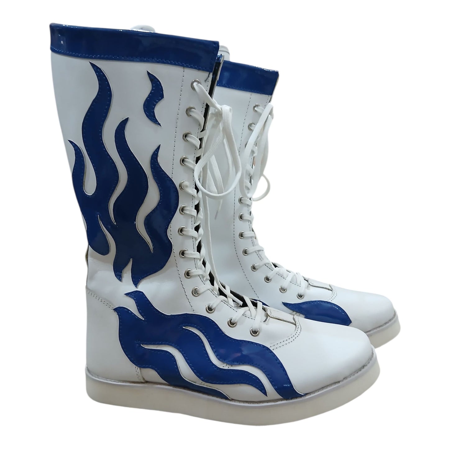 Pro Wrestling Boots, Handmade, 100% Pure Leather, Blue Fire Flames, Customizable