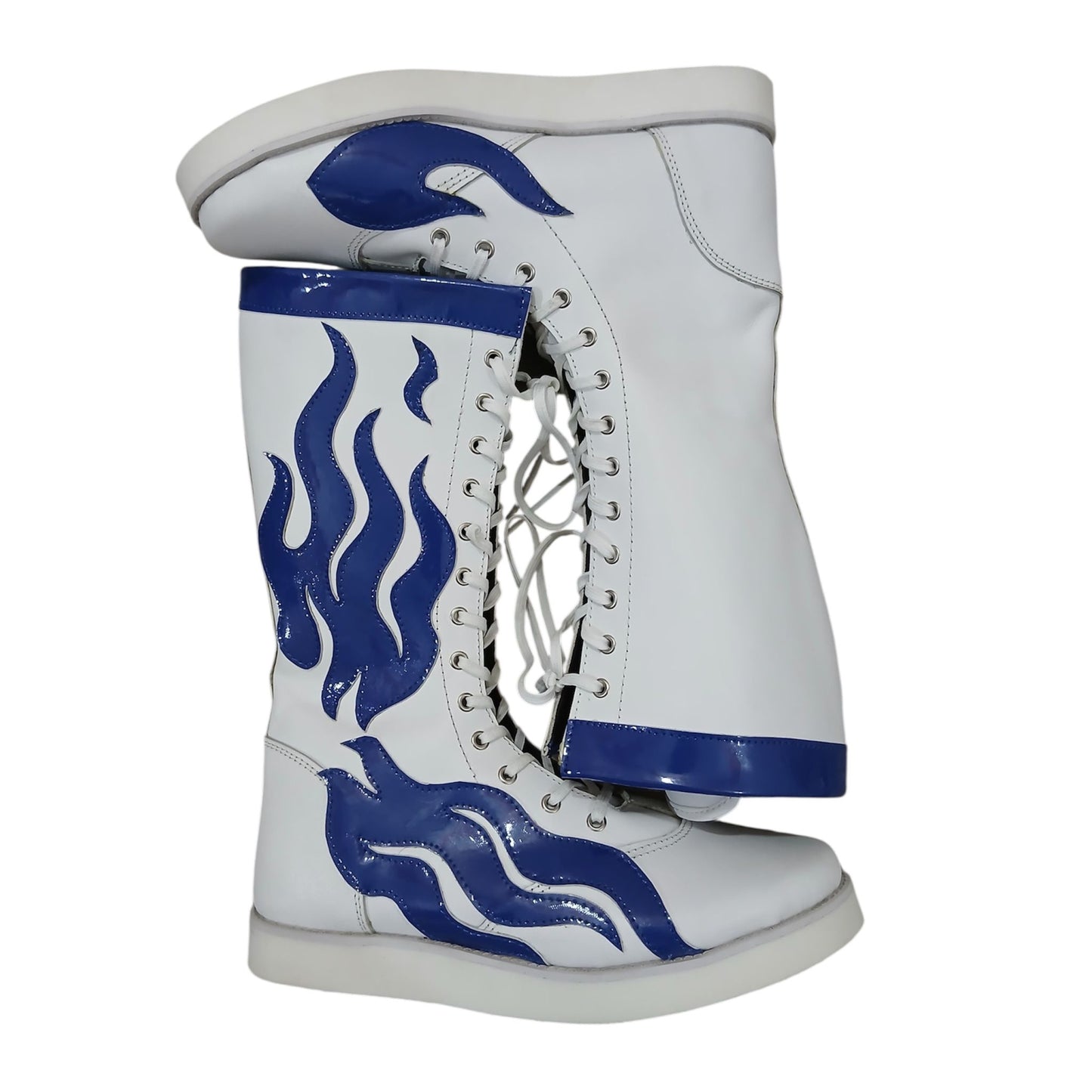 Pro Wrestling Boots, Handmade, 100% Pure Leather, Blue Fire Flames, Customizable