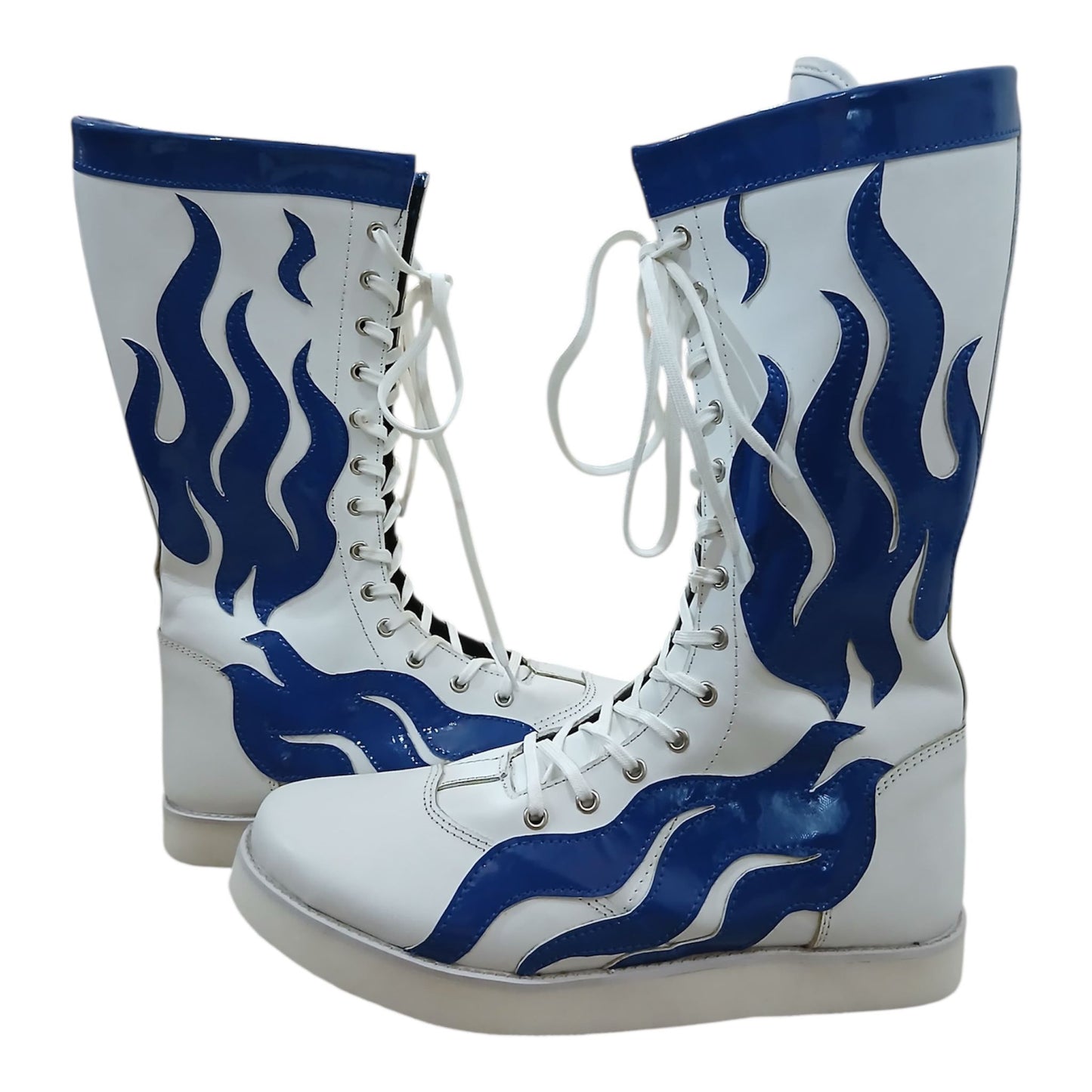 Pro Wrestling Boots, Handmade, 100% Pure Leather, Blue Fire Flames, Customizable