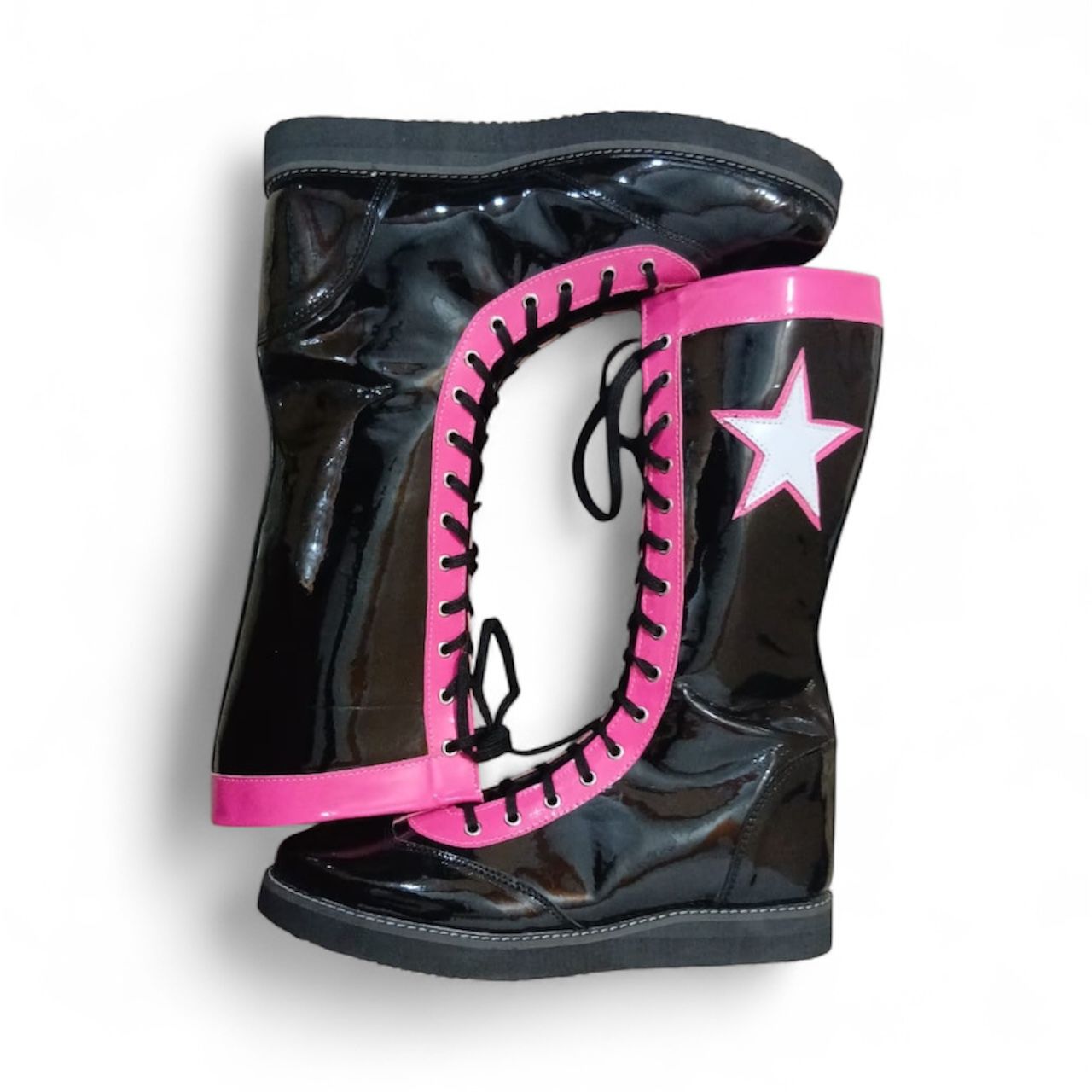 Pro Wrestling Boots, Handmade , 100% original Leather, Pink, Black with stars Boots