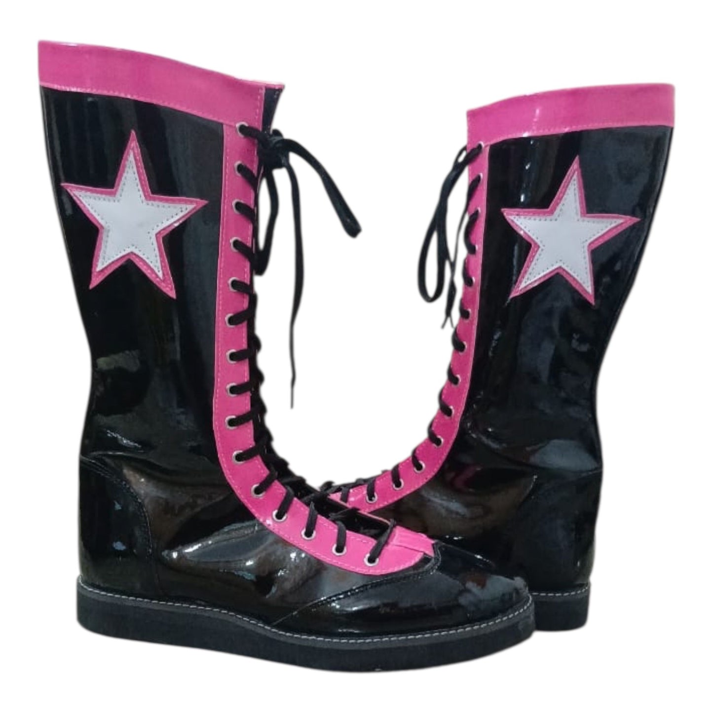 Pro Wrestling Boots, Handmade , 100% original Leather, Pink, Black with stars Boots