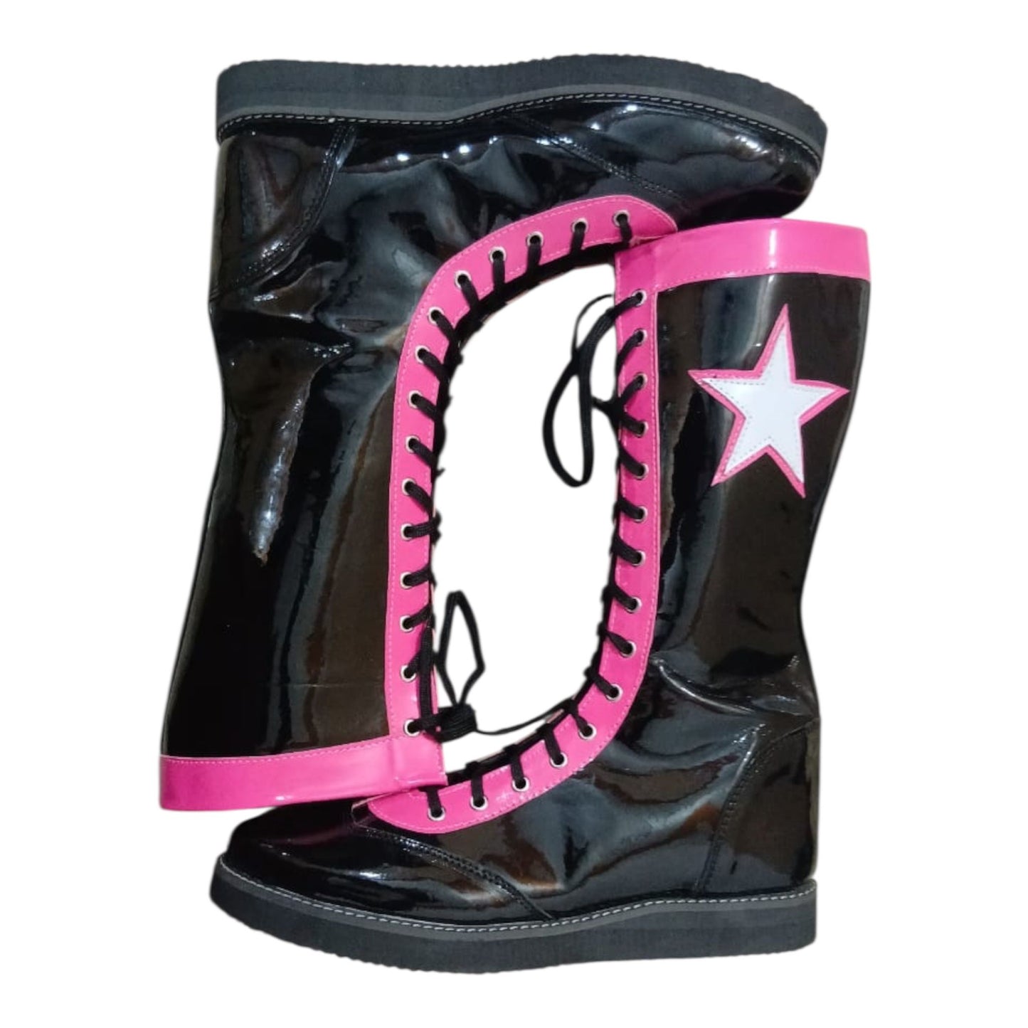 Pro Wrestling Boots, Handmade , 100% original Leather, Pink, Black with stars Boots