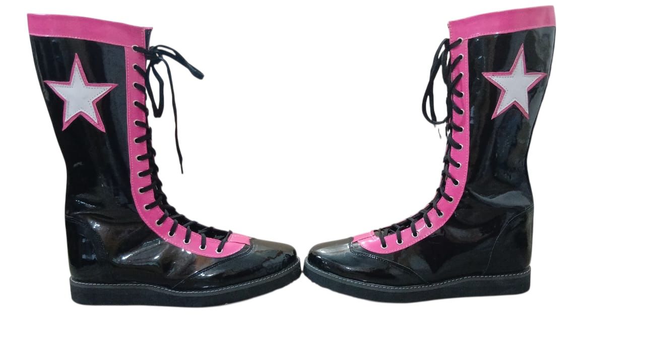 Pro Wrestling Boots, Handmade , 100% original Leather, Pink, Black with stars Boots