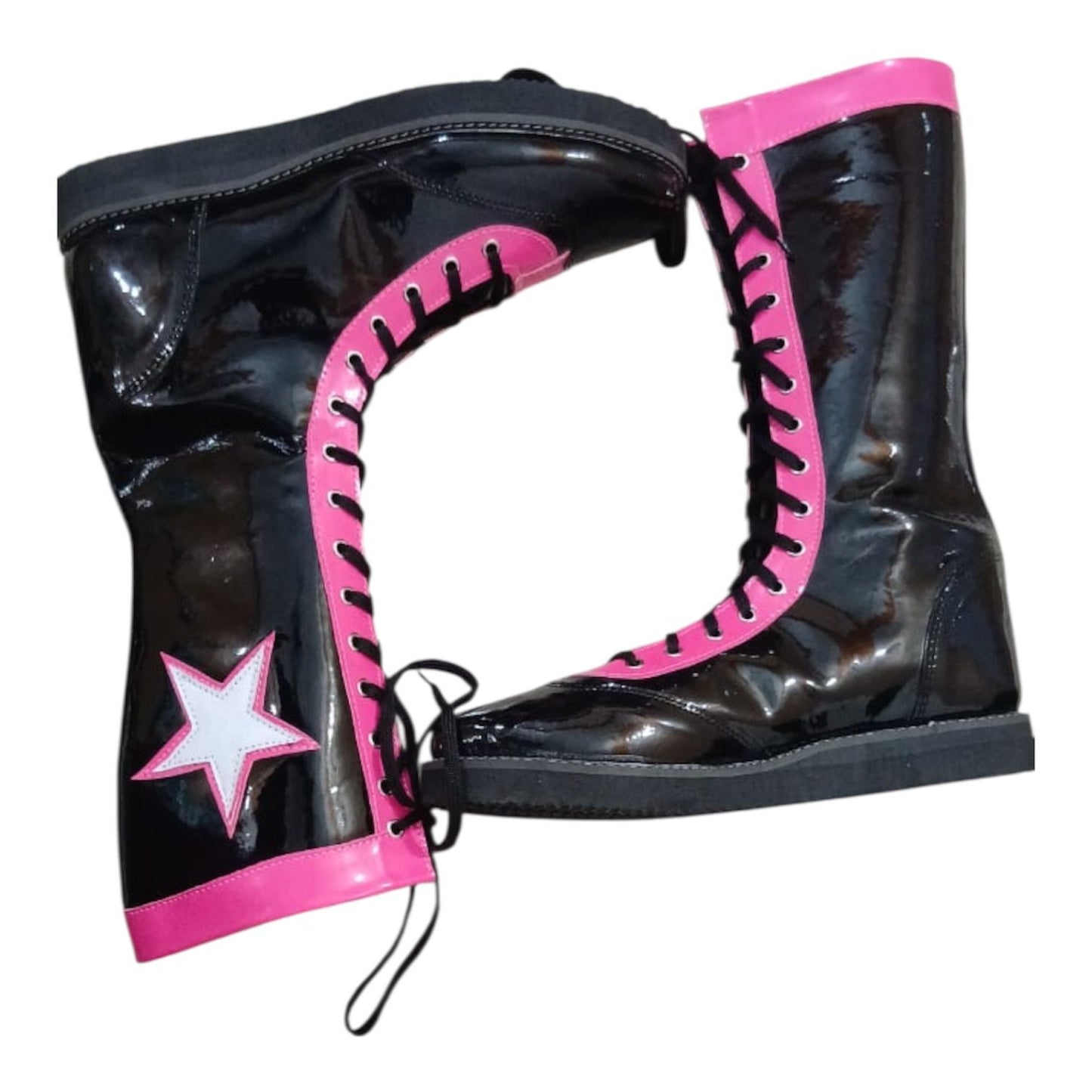 Pro Wrestling Boots, Handmade , 100% original Leather, Pink, Black with stars Boots