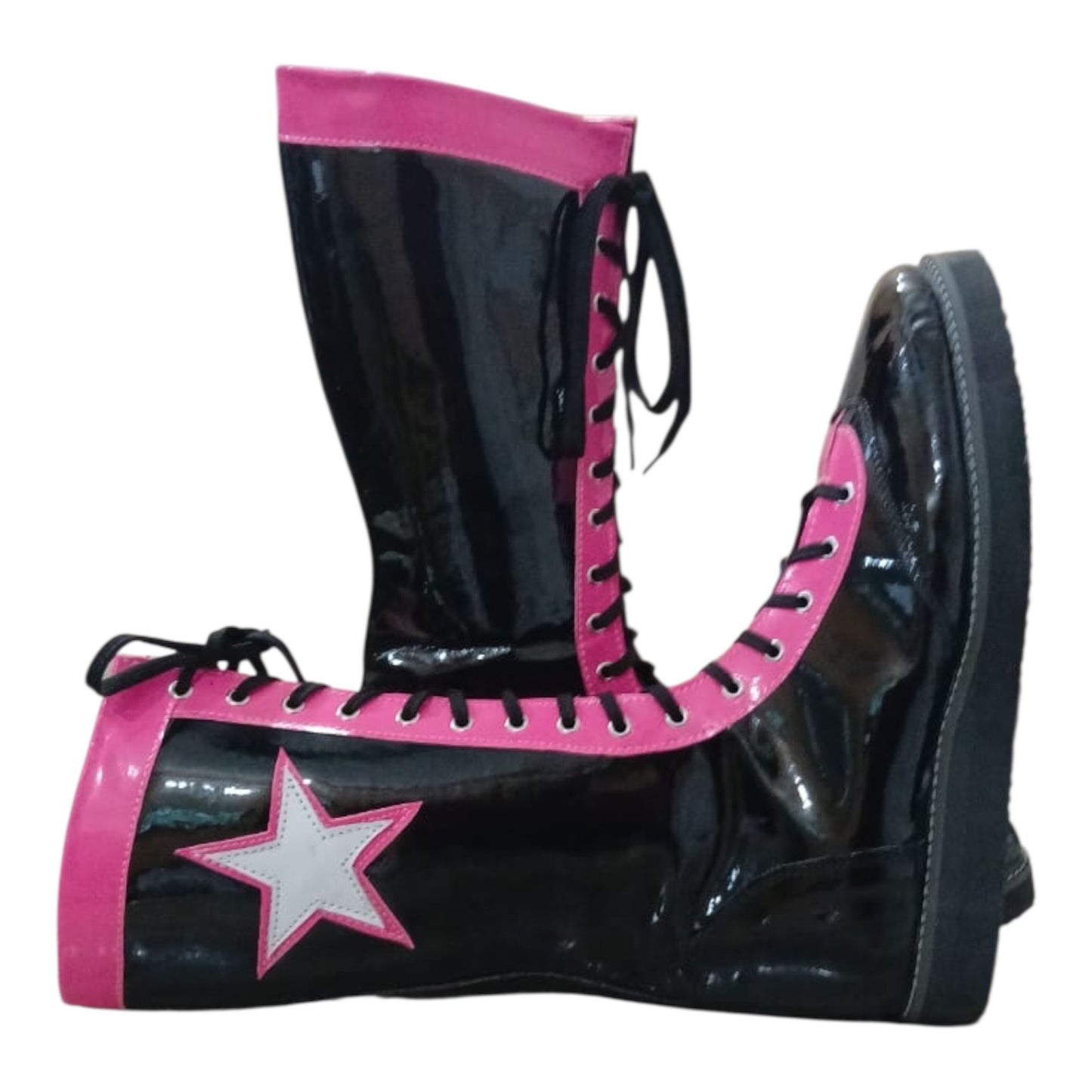 Pro Wrestling Boots, Handmade , 100% original Leather, Pink, Black with stars Boots