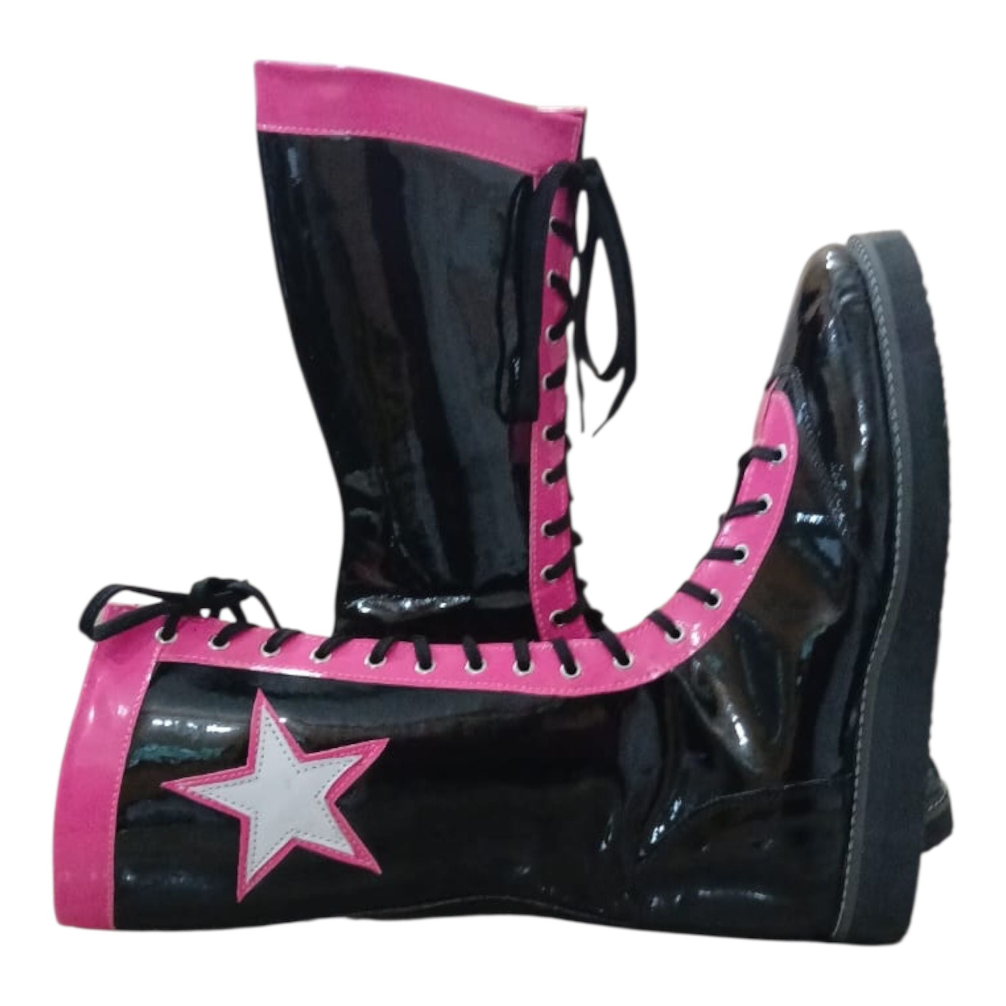 Pro Wrestling Boots, Handmade , 100% original Leather, Pink, Black with stars Boots