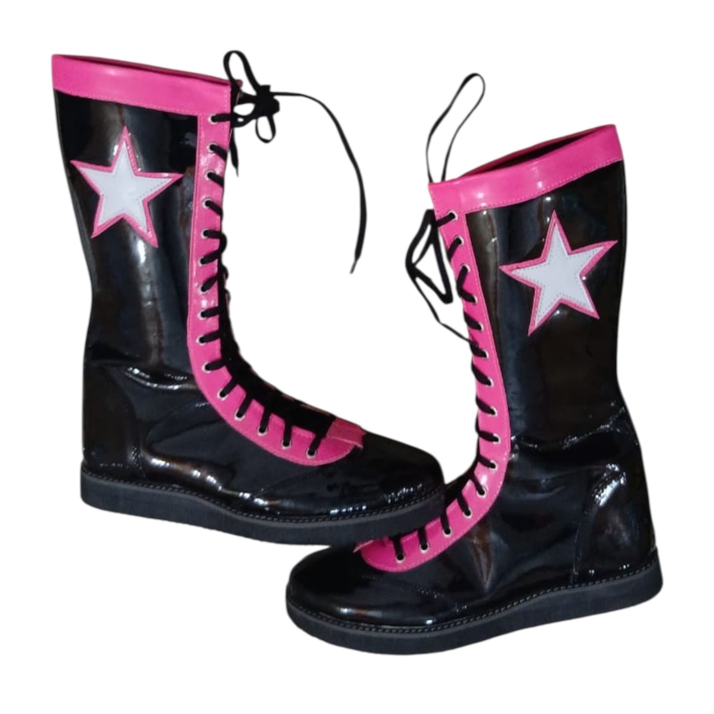 Pro Wrestling Boots, Handmade , 100% original Leather, Pink, Black with stars Boots