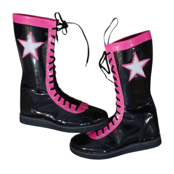 Pro Wrestling Boots, Handmade , 100% original Leather, Pink, Black with stars Boots