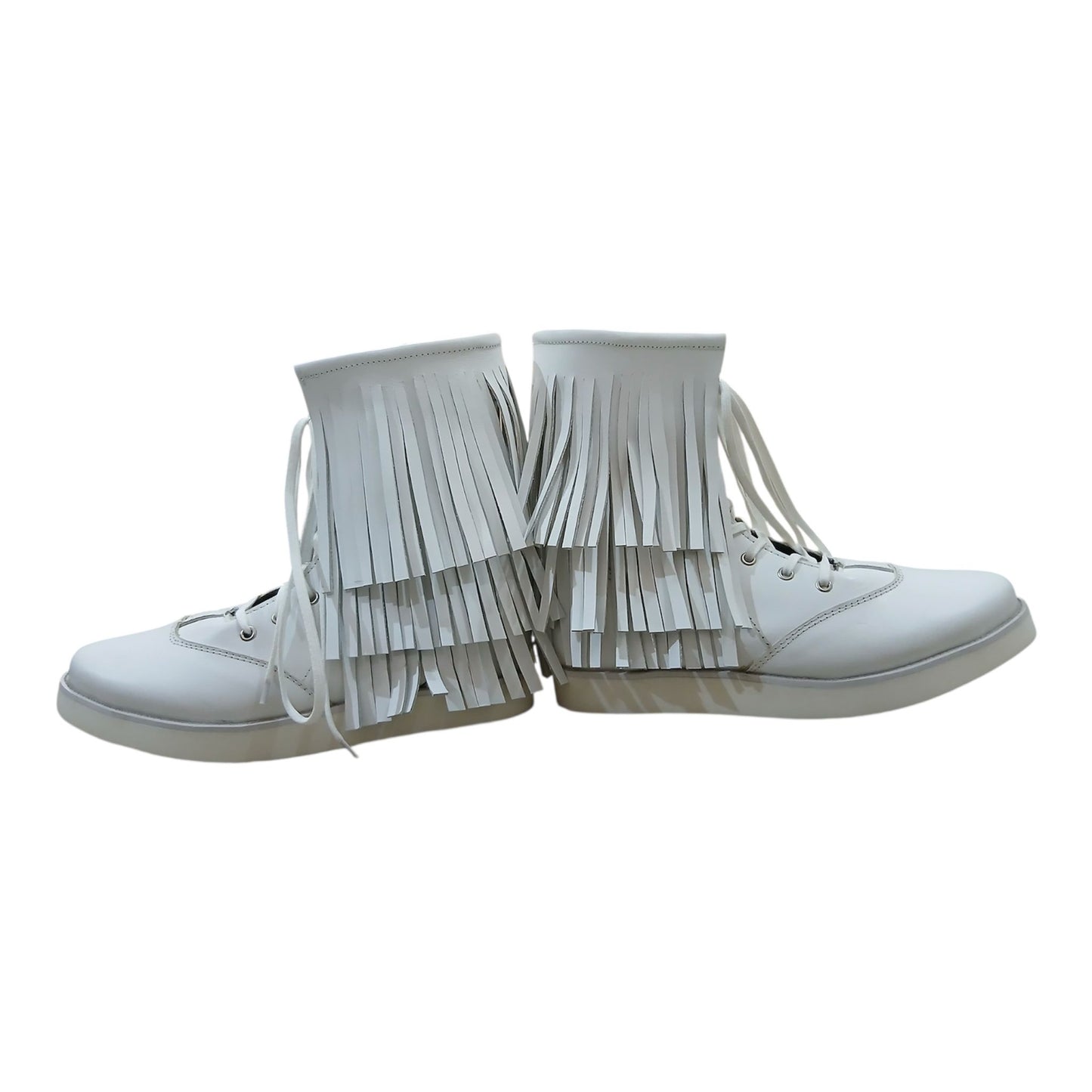 Handmade Leather Pro Wrestling low cut Boots: White Lace-Up with Fringes layers